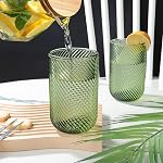 Joeyan Vintage Drinking Glasses Set of 4, 410ml/14oz Ribbed Embossed Highball Glass Water Tumbler, Colored Tall Glassware Beverages Cups for Whisky, Cocktail, Beer, Juice, Tea, Wine, Green