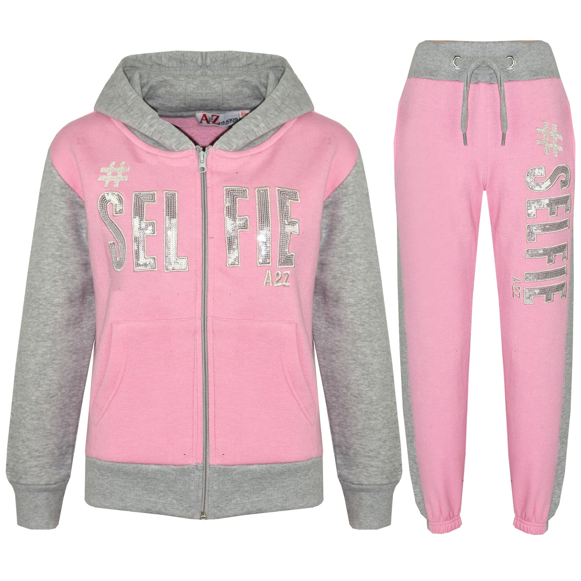 A2z 4 Kids Girls Baby Pink & Grey Tracksuit Hooded Sweatshirt Top Bottoms Comfortable Gym Jogging Suit - T.s Selfie Baby Pink Grey 3-4
