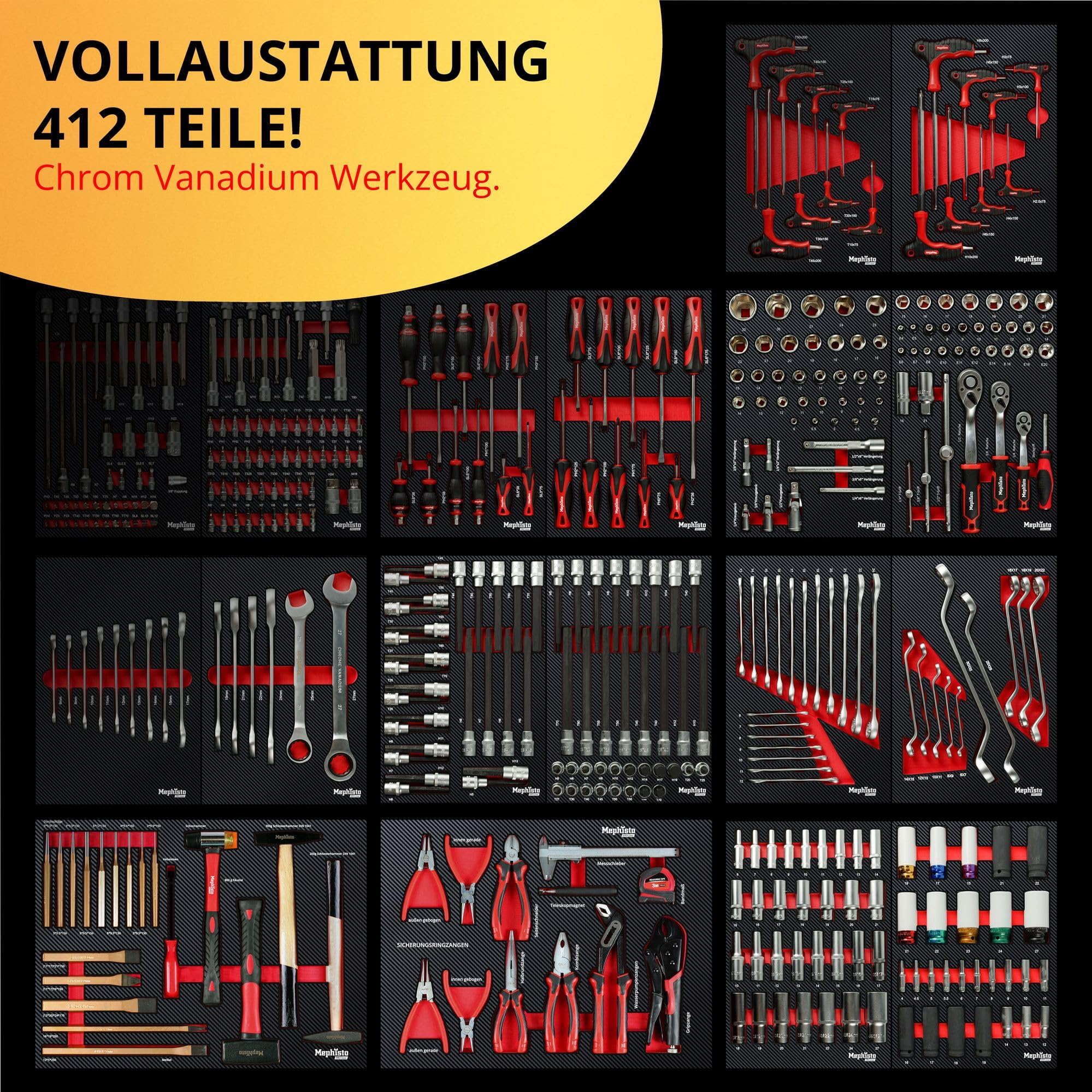 Mephisto Pro-Line Werkzeugwagen Werkstattwagen Double Full Black gefüllt mit 13 Schubfächern inkl. Werkzeug wie VDE Zangen, Steckschlüssel, Ratschen in Soft Inlays in Carbon Lock