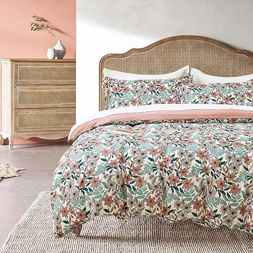 Miniatura 7 de Juego de edredón botánico de 3 piezas de 100% algodón natural, tamaño King, edredón verde con lujosas hojas tostadas y grises sobre blanco,