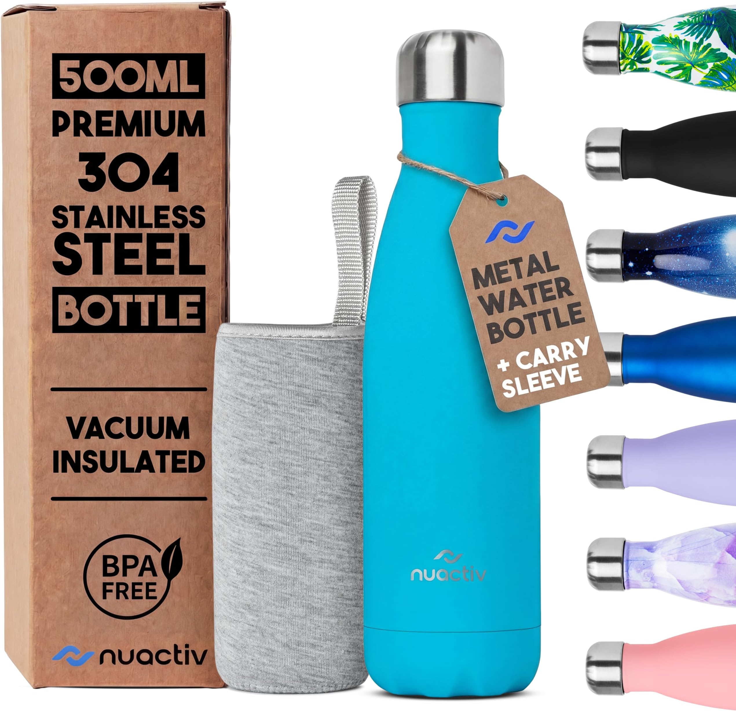 Nuactiv Stainless Steel Water Bottle 500ml, Vacuum Insulated Metal Flask, Leakproof, BPA Free, Reusable Sports Flask, Keeps Drinks Cold 24h & Hot 12h, for Gym, Travel, Work & School