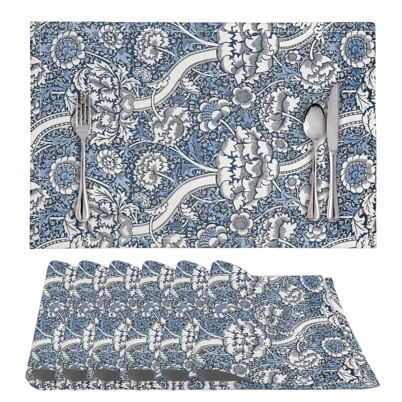 Urndoeng William Morris Placemats,Small Dining Table Set for 4,Floral Placemats,Table Placemats,William Morris Table Mats Set,Chic Floral Print 6pc Blue