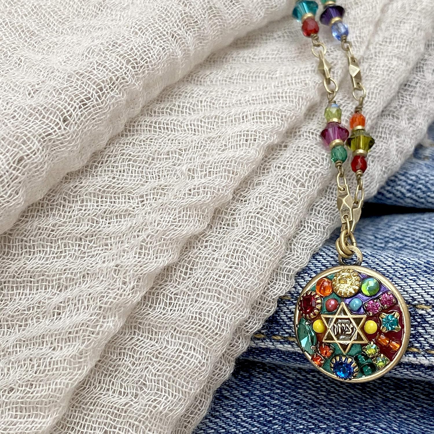 Multicolor Crystal Star of David Necklace. Colorful Judaica Jewelry with Crystals and Beads. Handmade by Israeli Artist Michal Golan.