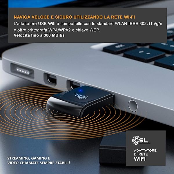 CSL Adattatore di Rete WiFi 300 Mbits WLAN Adapter WEP WPA WPA2 24 GHz 2T2R STBC WoWLAN RF Fem Streaming VoIP Guadagno 18 dBm Windows 10 7 8 8 1 Nero
