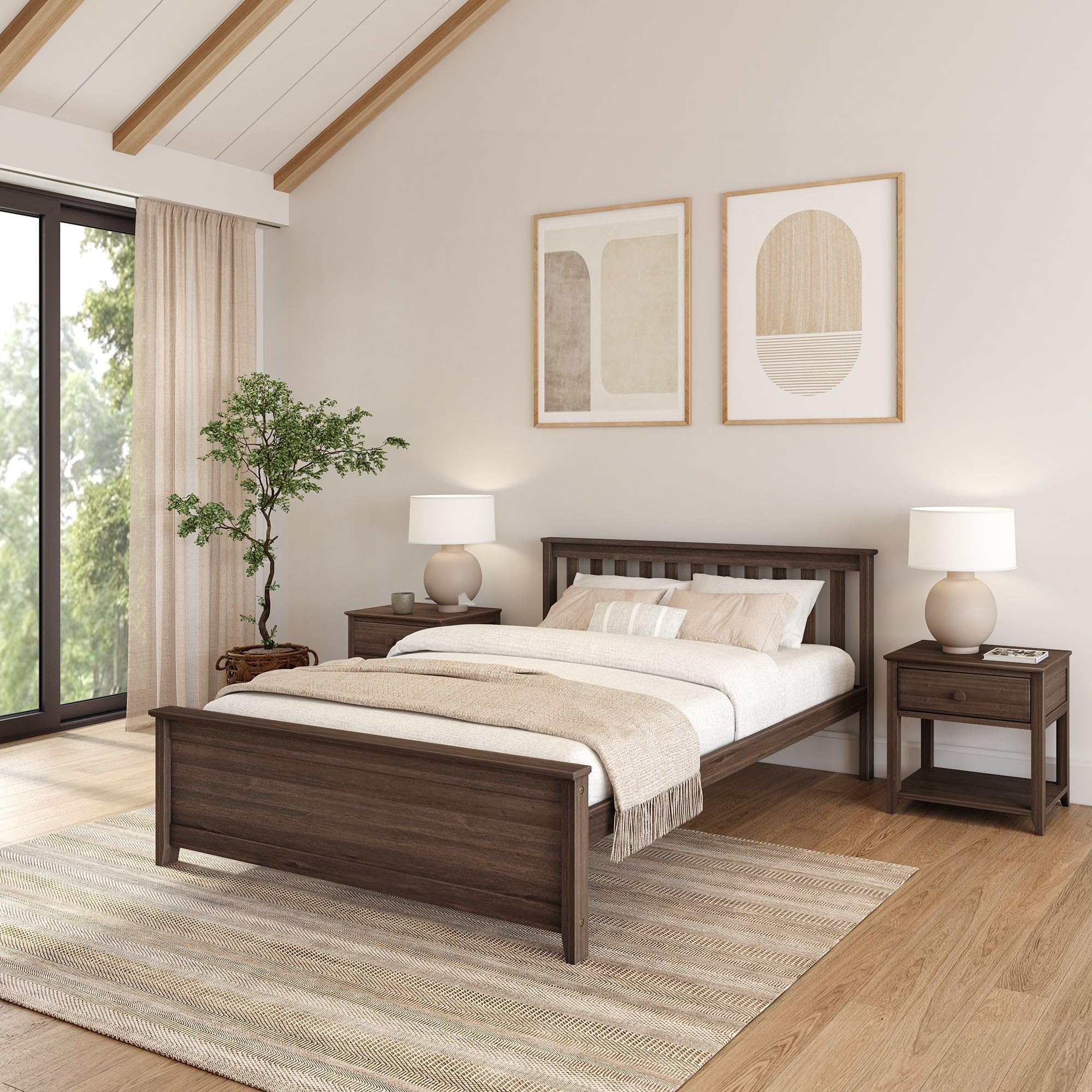 Solid Wood Queen Bed Frame, Platform Bed with Headboard, Walnut