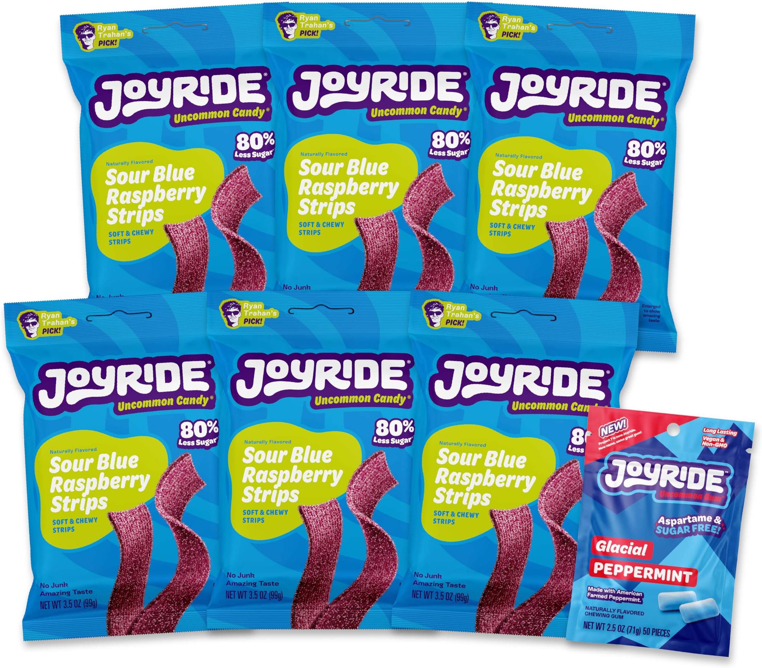 Blue Raspberry Sour Strips - 3.5 oz 6-Pack Bundle with 2.5oz Glacial Peppermint Gum, Low Sugar, Sour Belt Candy, Dye Free, Low Calorie Snacks, Healthy Candy (7 Items)