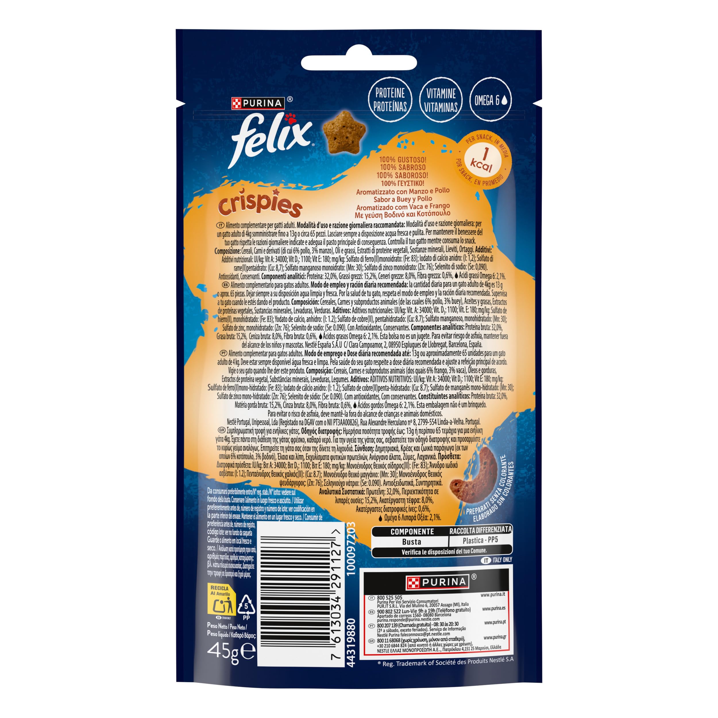 FELIX Crispies Snack per Gatti Adulti con Manzo e Pollo 8 x 45g