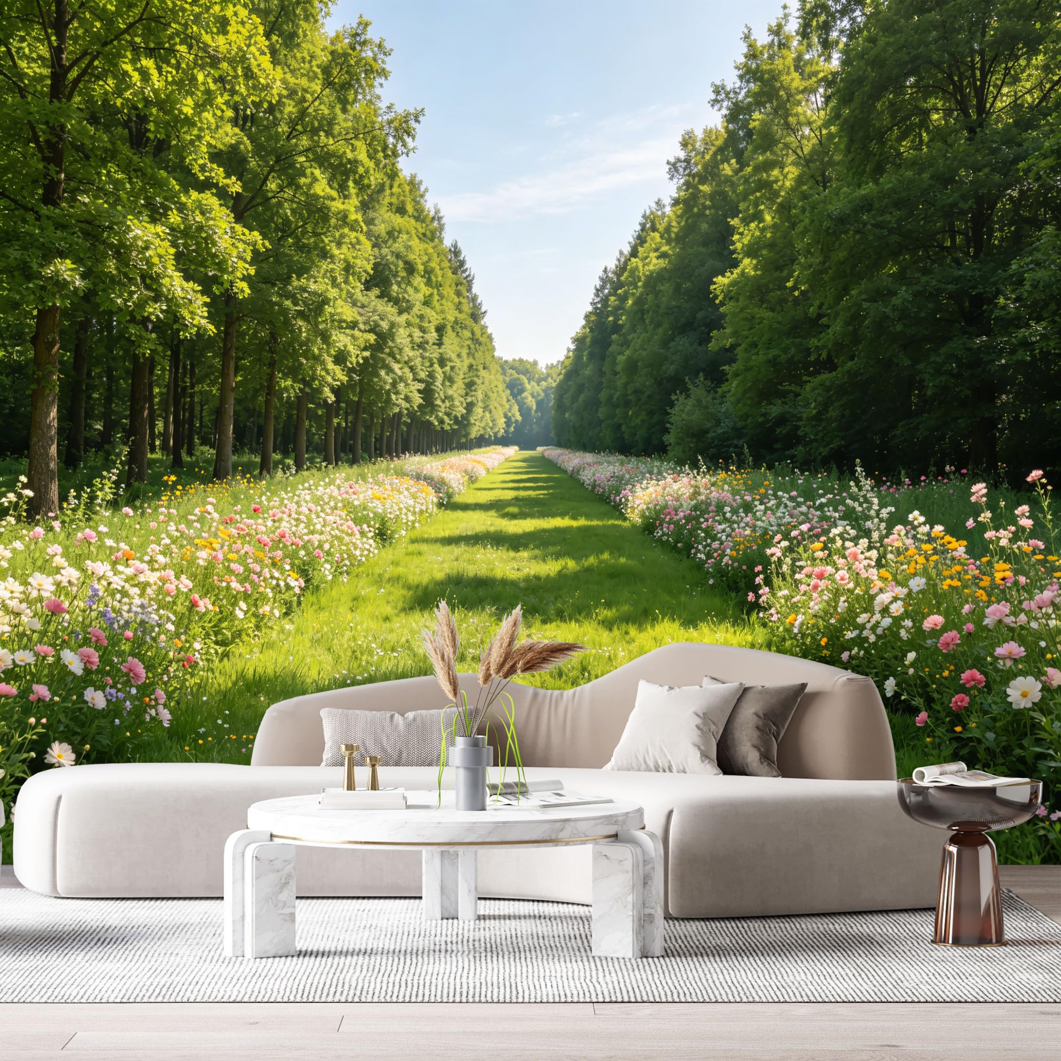 Custom Size Wall Murals Forest Landscape Botanical Flower Path Sunlight Green Trees SelfAdhesive Wall Fabric Removable Large Wallpaper for Photo Living Room