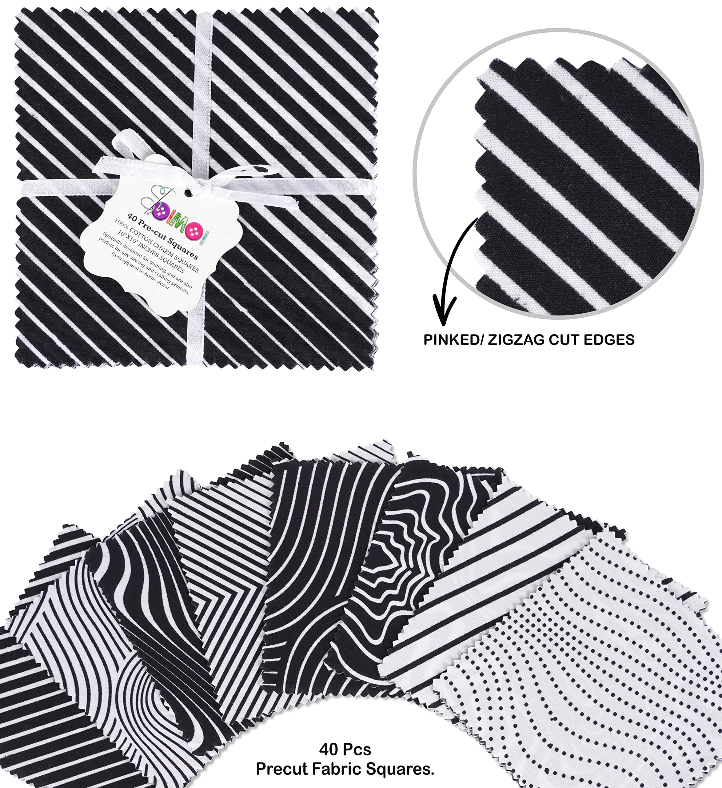 Soimoi Prect Precut 10 Pollici Stampe Geometriche In Cotone Tessuto Bundle Trapuntatura Quadrati Charm Pack Fai Da Te Patchwork Per Cucito - Bianco E Nero