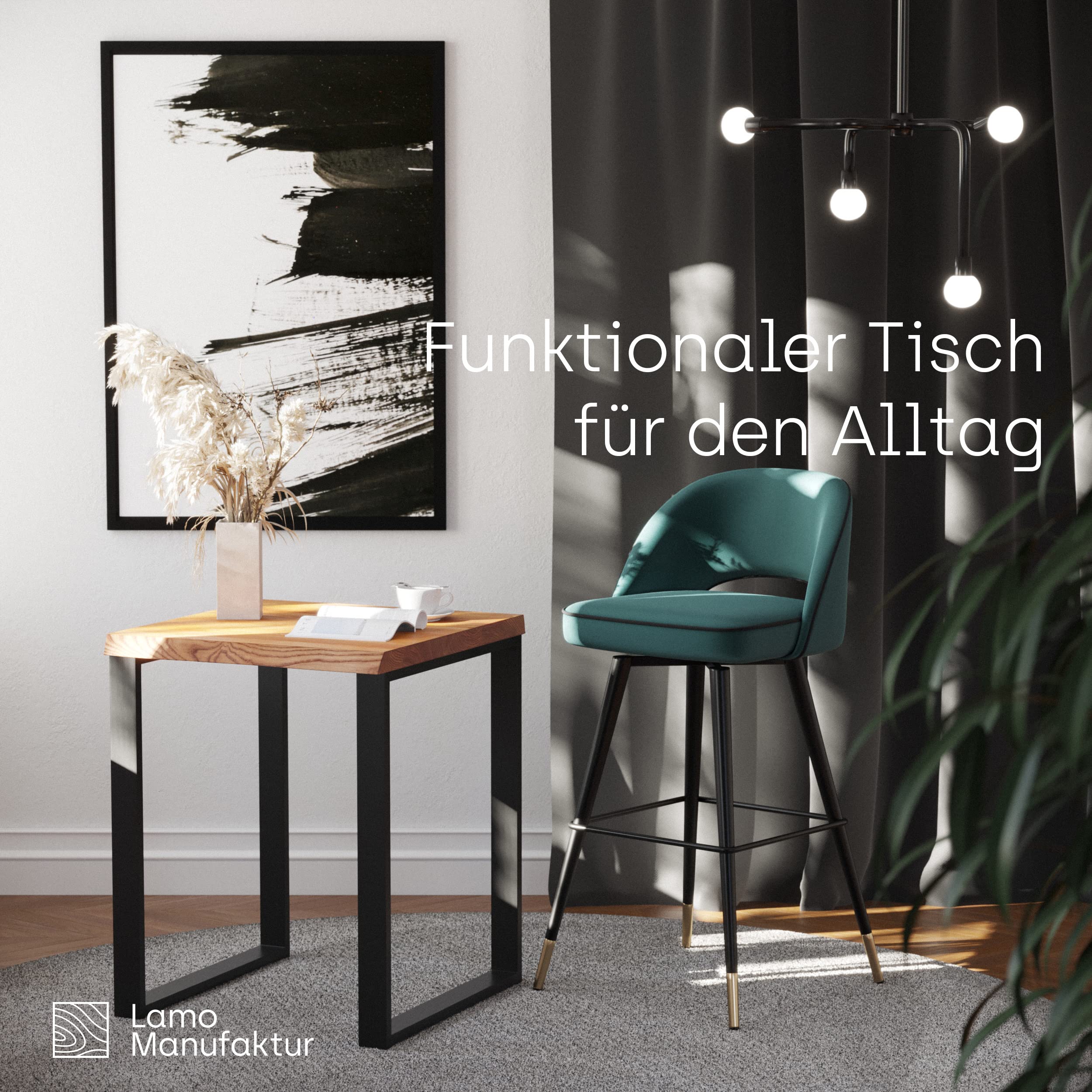 LAMO Manufaktur Table à Manger, Cuisine ou Table de Bureau Bords naturels irréguliers 60x60x76 cm (AxBxH), Modern, Rustique/Noir, LBB-01-A-003-9005M