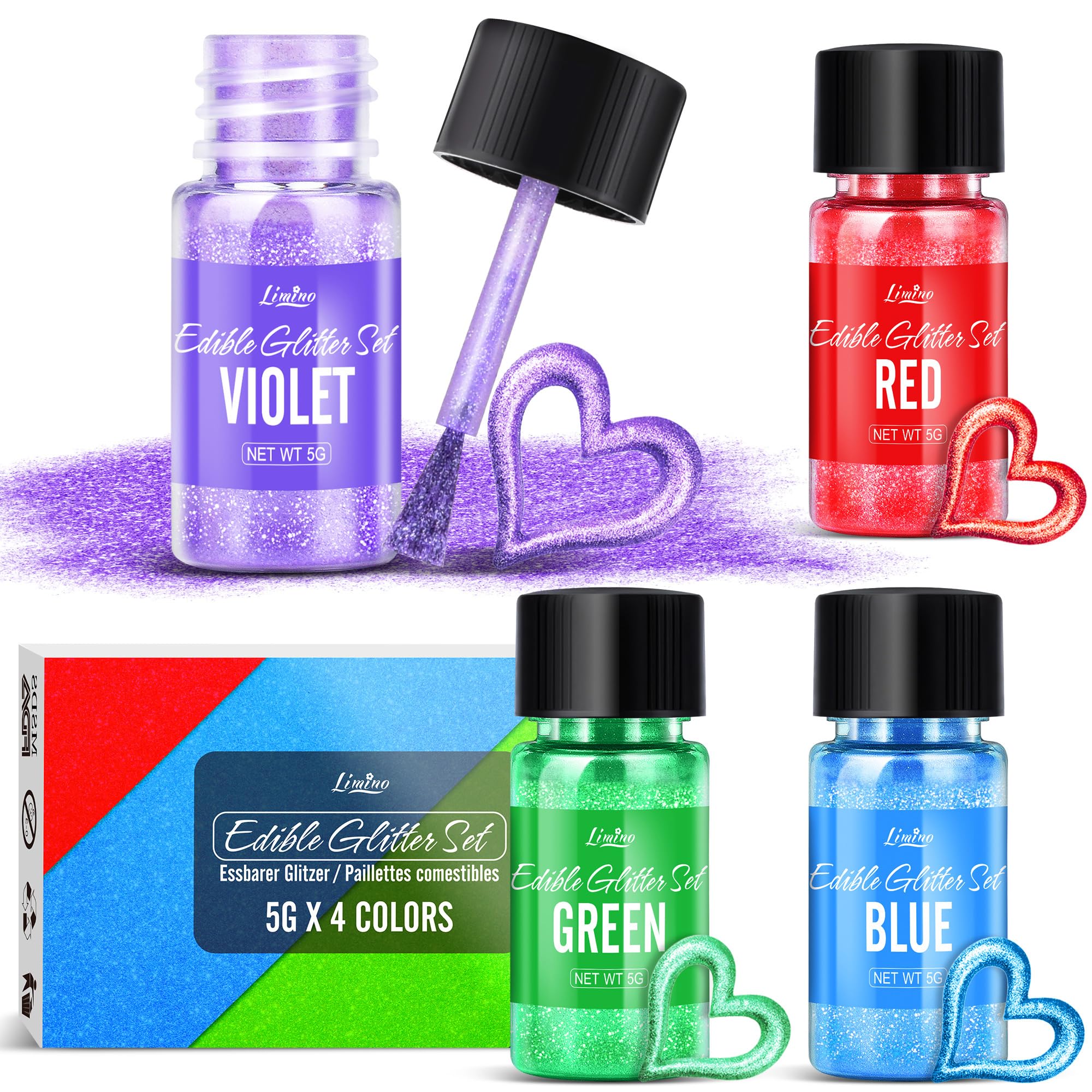 Essbarer Glitzer Set - 4 Farben Multicolor Essbarer Glitzerpulver Glitzerstaub für Kuchen, Getränke, Lebensmittel - Metallisch Glitzerpuder Lebensmittelfarbe Pulver zum Cocktails,Wein,Fondant