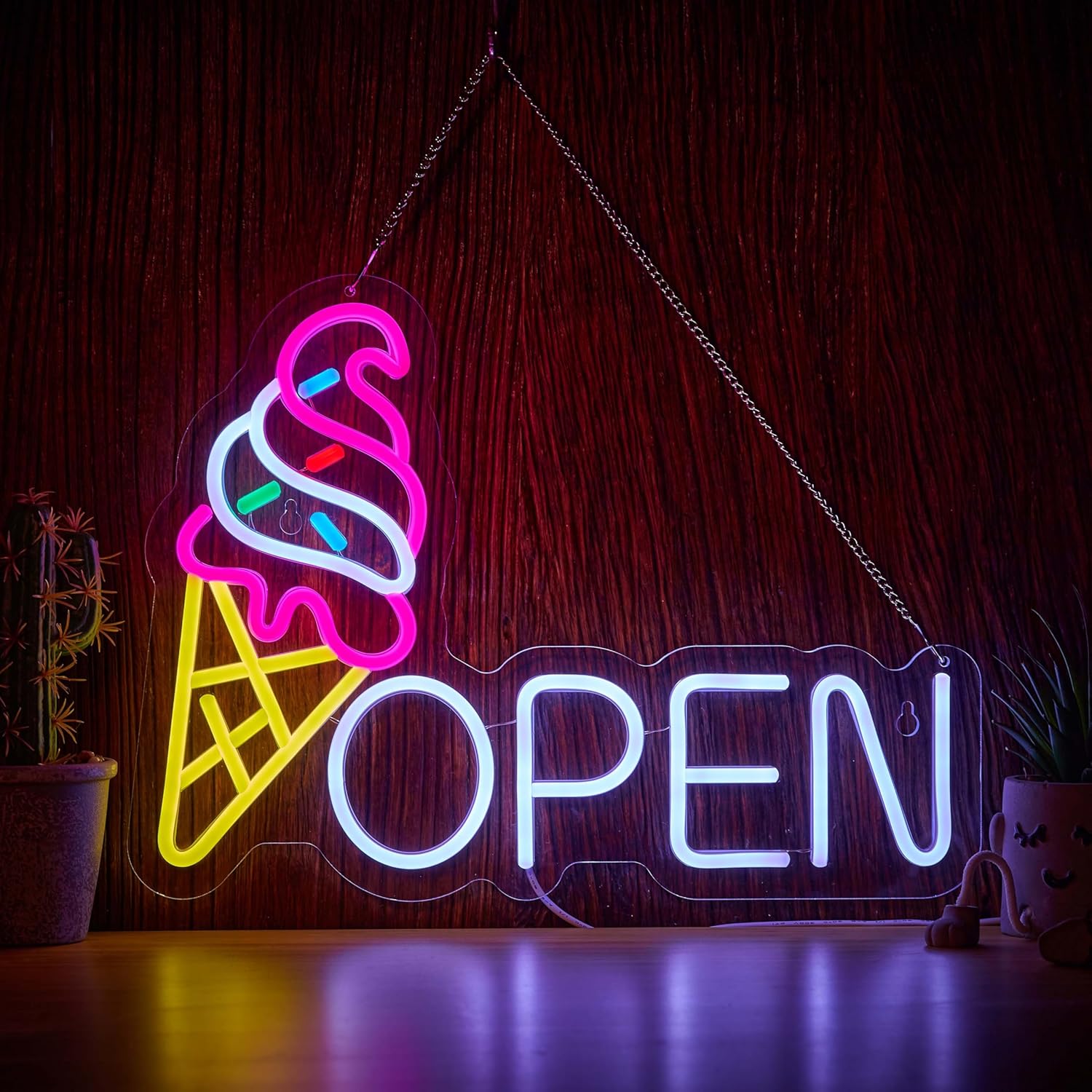 Ice Cream Open Neon Sign for Wall Décor Dimmable Business Store Drink Shop LED Neon Light USB Powered Neon Art Signs Decor