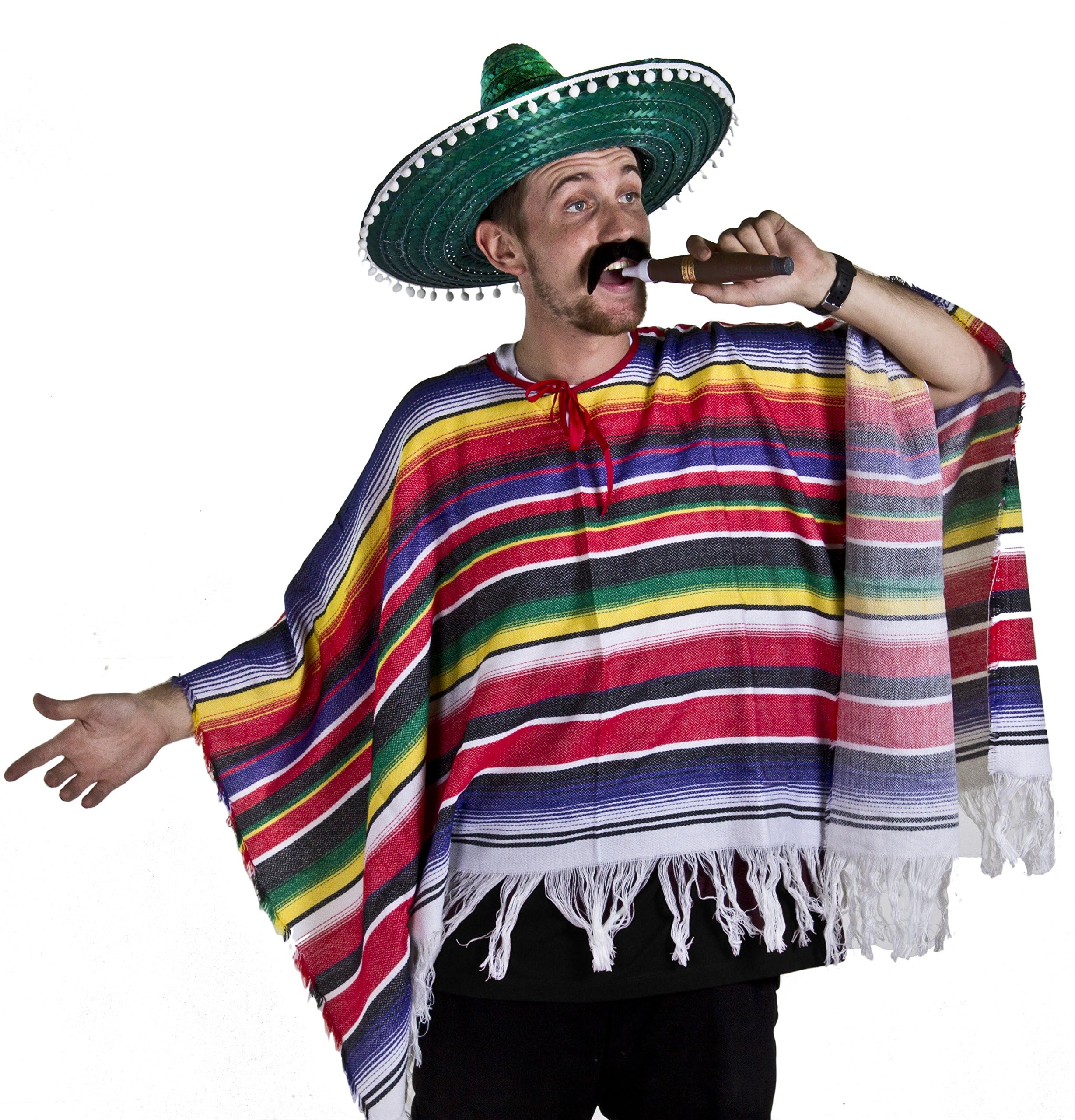 Adults Mexican Costume - Multicoloured Poncho, Green Sombrero, Black Stick-On Moustache - Mens Womens Mexico Cinco de Mayo Mariachi Bandit Fancy Dress Costume โ image 1