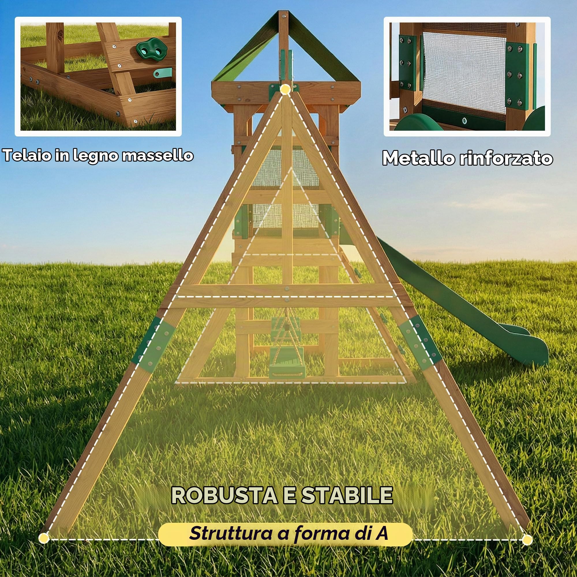 Qaba Set altalena legno scivolo 2 altalene parete roccia ponte coperto | Parco giochi esterno, per bambini, legno.
