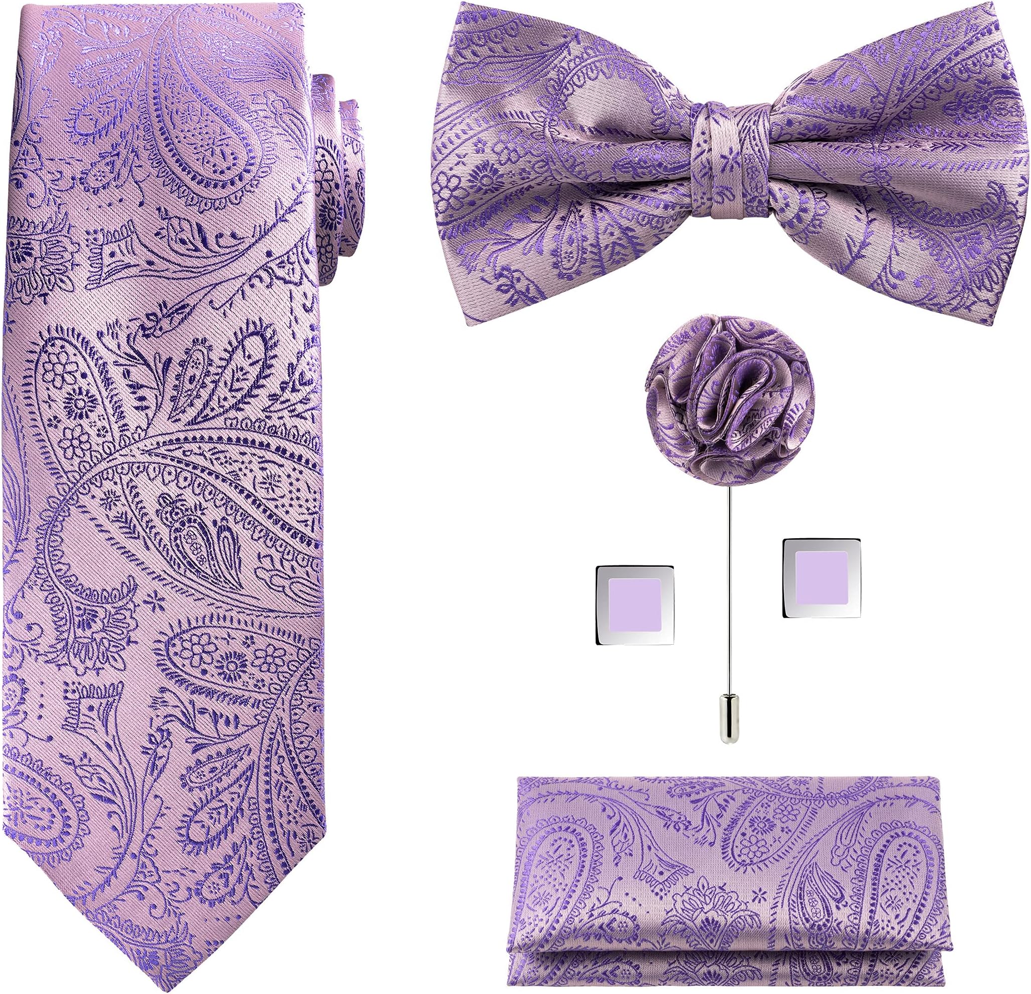 Tie G U StyleTIE G 5pcs Tie Set in WHITE OR BLACK GIFT BOX: Solid Color Necktie, Satin Bow Tie, Pocket Square, Lapel, Cuff Links