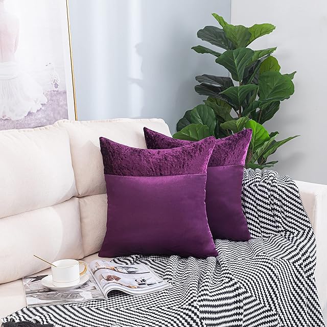 PACK OF 2 - Luxury Crushed Velvet Band Cushion Covers with Faux Silk Decorative Square Pillow Case for Sofa Bedroom with Invisible Zipper 17" x 17", 20" x 20", 22" x 22", 24" x 24" (Purple, 22" x 22")