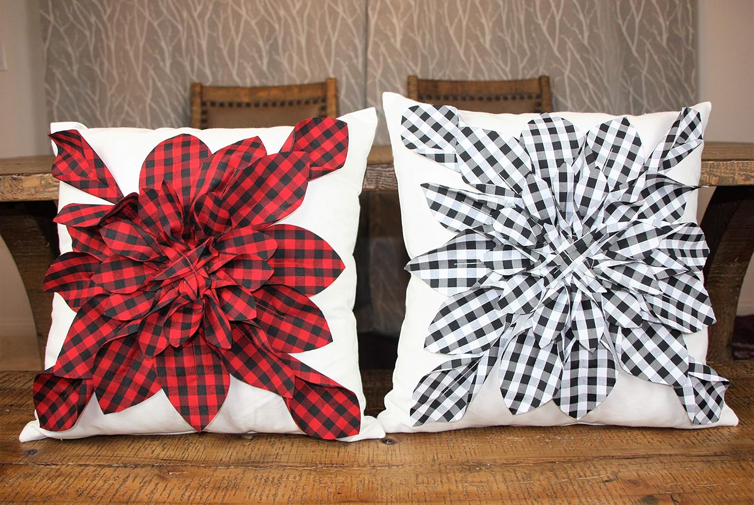 Contempo Lifestyles 3D Flower Pillow, Buffalo Plaid Flower Decorative Throw Pillow – 17” Cotton Canvas – Elegant Handmade – Perfect for Home,Bed & Couch, Gifts for Her, Red/Black, Case Only