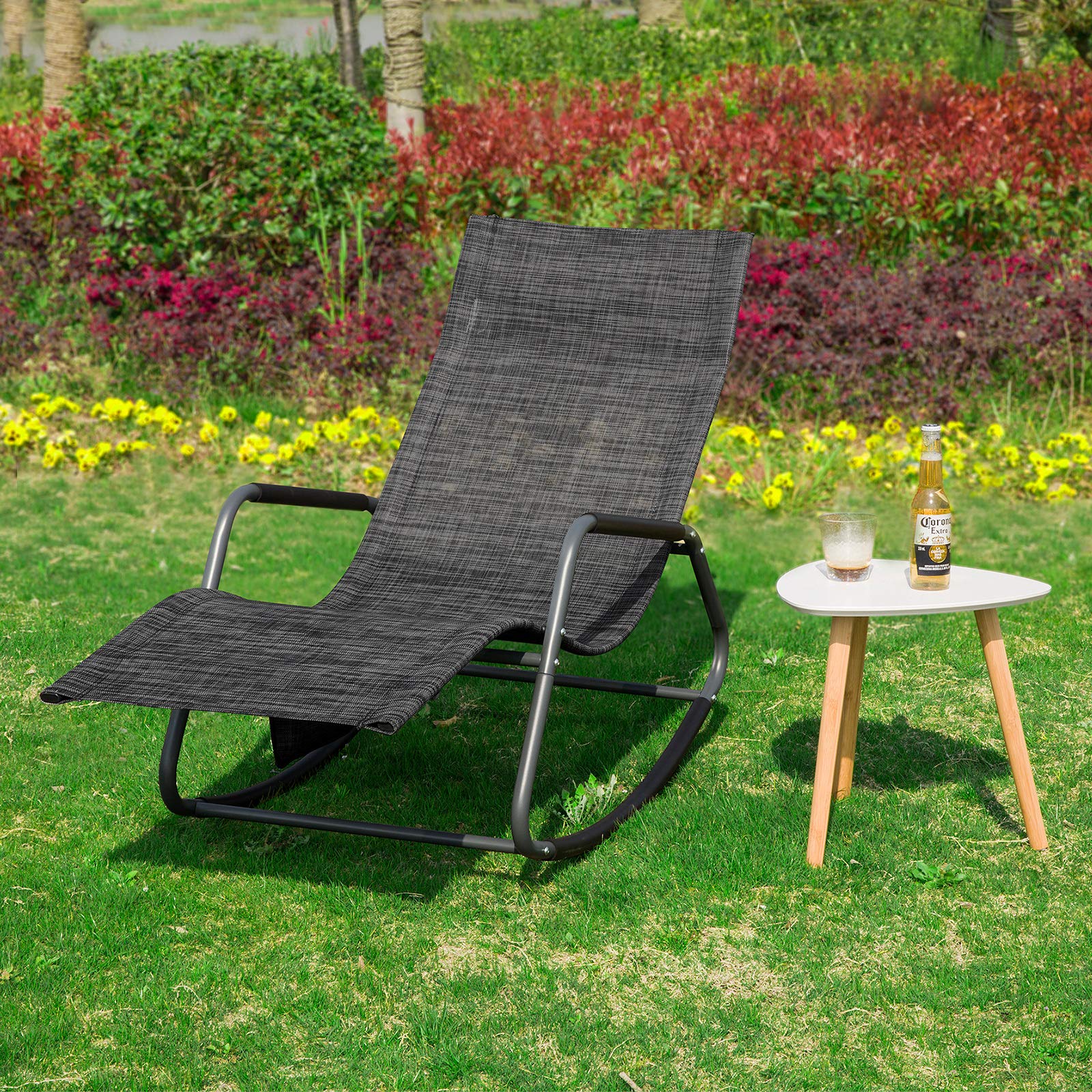SoBuy Transat Jardin Exterieur Chaise Longue à Bascule Fauteuil Relax Extérieur avec Pochette Latérale Bain de Soleil pour Terrasse Balcon et Plage Noir 143x57x85 cm OGS47-MS