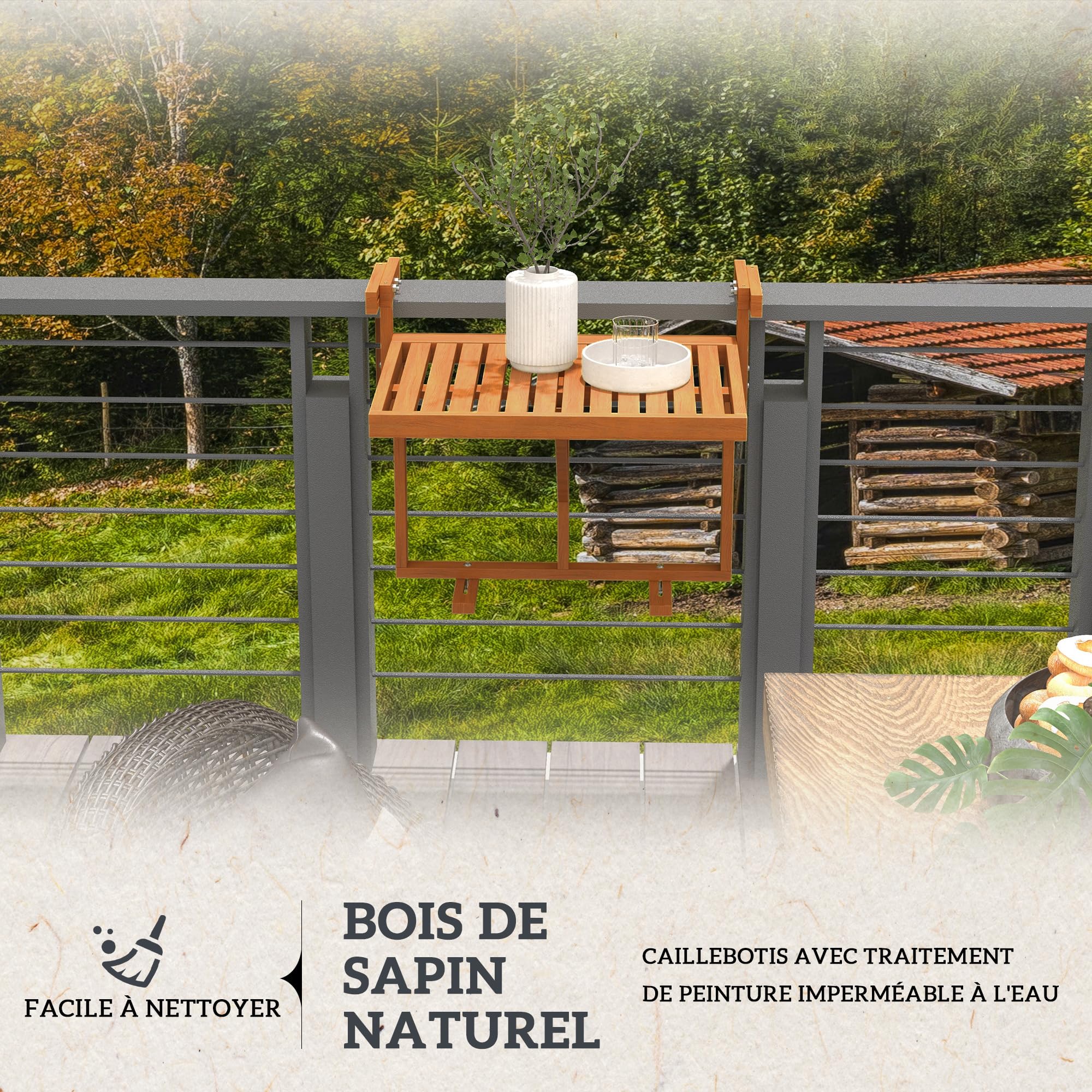 Outsunny Table de Balcon Suspendue Pliable Bois Plateau rectangulaire Hauteur réglable 68x65x40,5-55 cm Naturel
