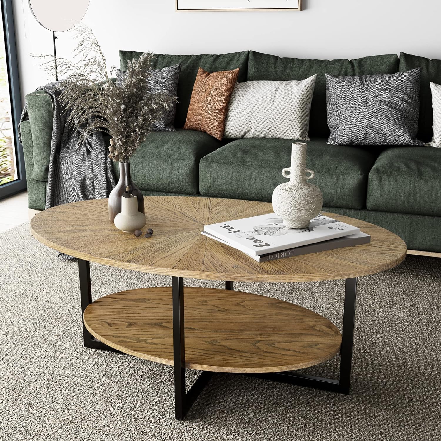 PADMA HOUSE Couchtisch Oval Holz mit Tablett, 110 * 66 Modern wohnzimmertisch mit Kreuz Metall Beine, Kaffeetisch für Wohnzimmer Schlafzimmer