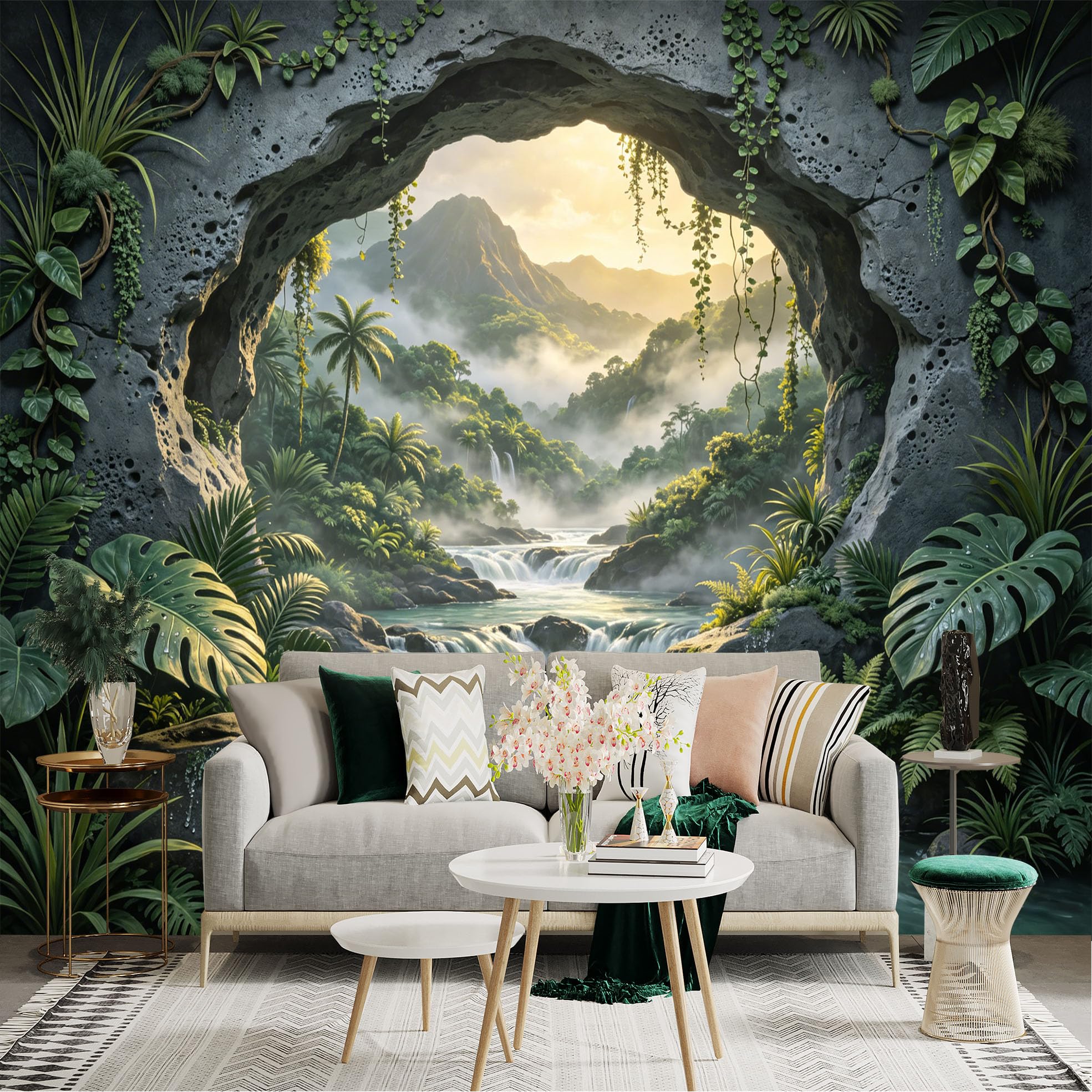 Custom Size Wall Sticker Mural， Tropical Jungle Waterfall with Misty Mountains and Lush Green Plants， for wall Decoration， peelandstick wall Decals.