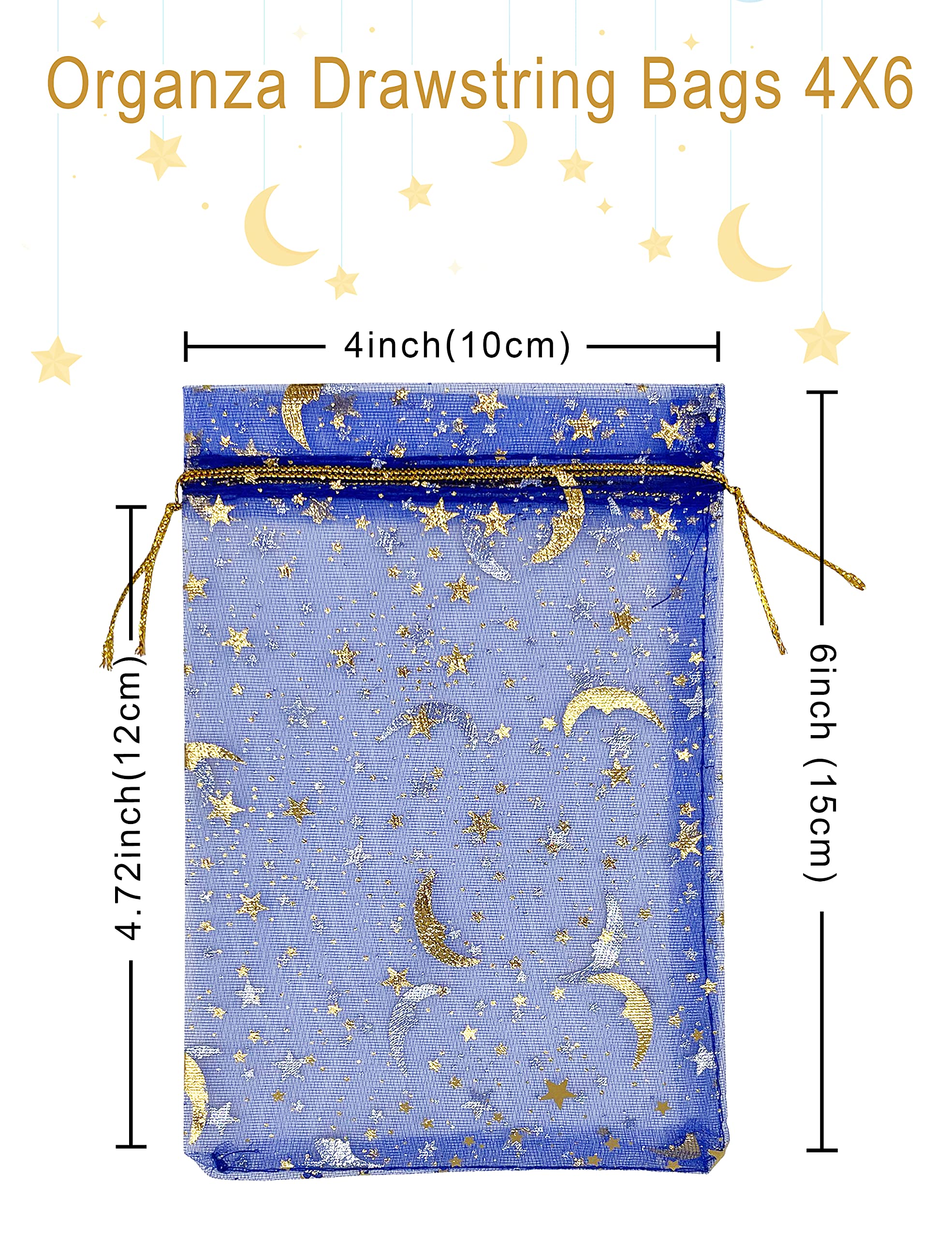 Jexila 100 szt. niebieskich torebek z organzy 10 x 15 cm, mały sznurek na biżuterię, torba na prezent, księżyc, gwiazda, na ślub, baby shower, przyjęcie, upominek, siatkowe torby na cukierki