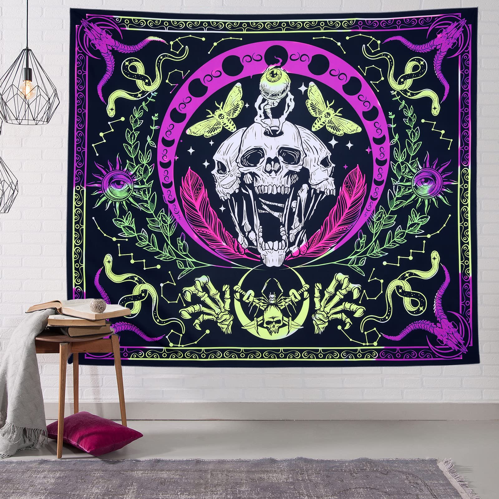 Arazzo Psichedelico Uspring Trippy Con Teschio E Occhi - 150x210 Cm, UV, Stile Gotico E Hippie, Per Camera Da Letto