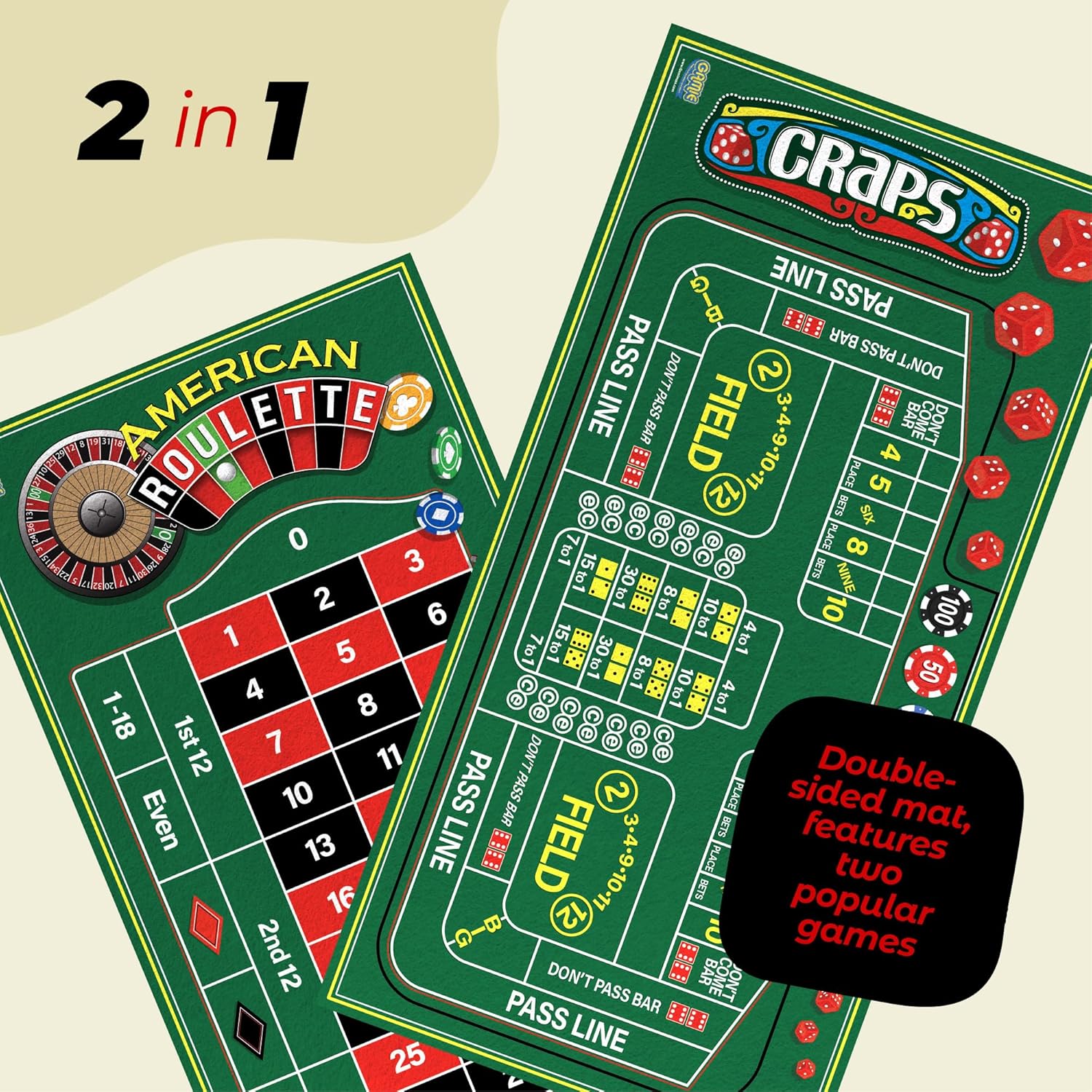Gamie Double Sided Felt Roulette and Craps Table Mat, 36” x 72” Casino Games for Poker Night Party, Casino Gift for Adults Stocking Stuffers, 2-in-1 Professional Grade Game with Instructions Booklet