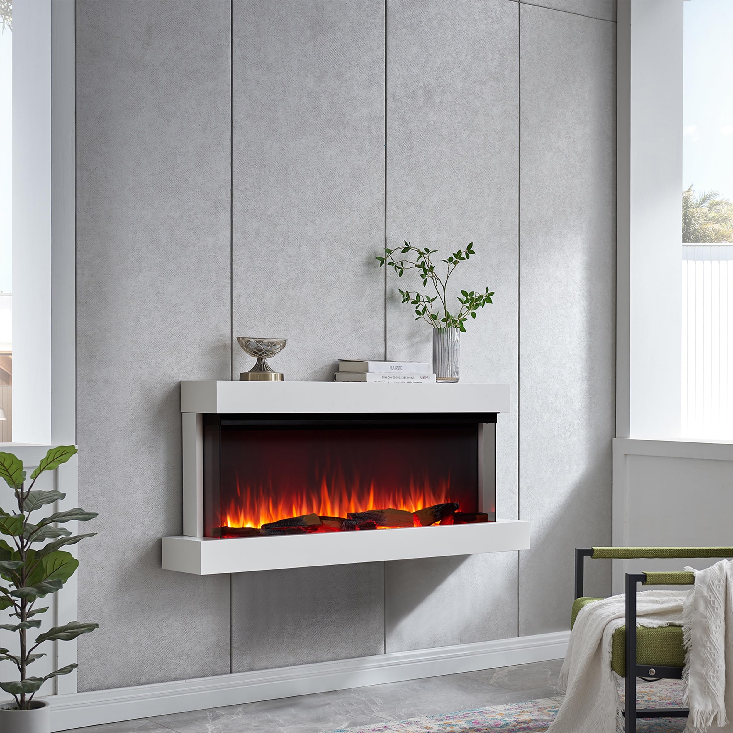 BALDERIA Achilles L - Chimenea eléctrica de Pared - Blanco | Calefacción 1500W, iluminación LED, WiFi, control por App, sonido de crepitación, mando a distancia