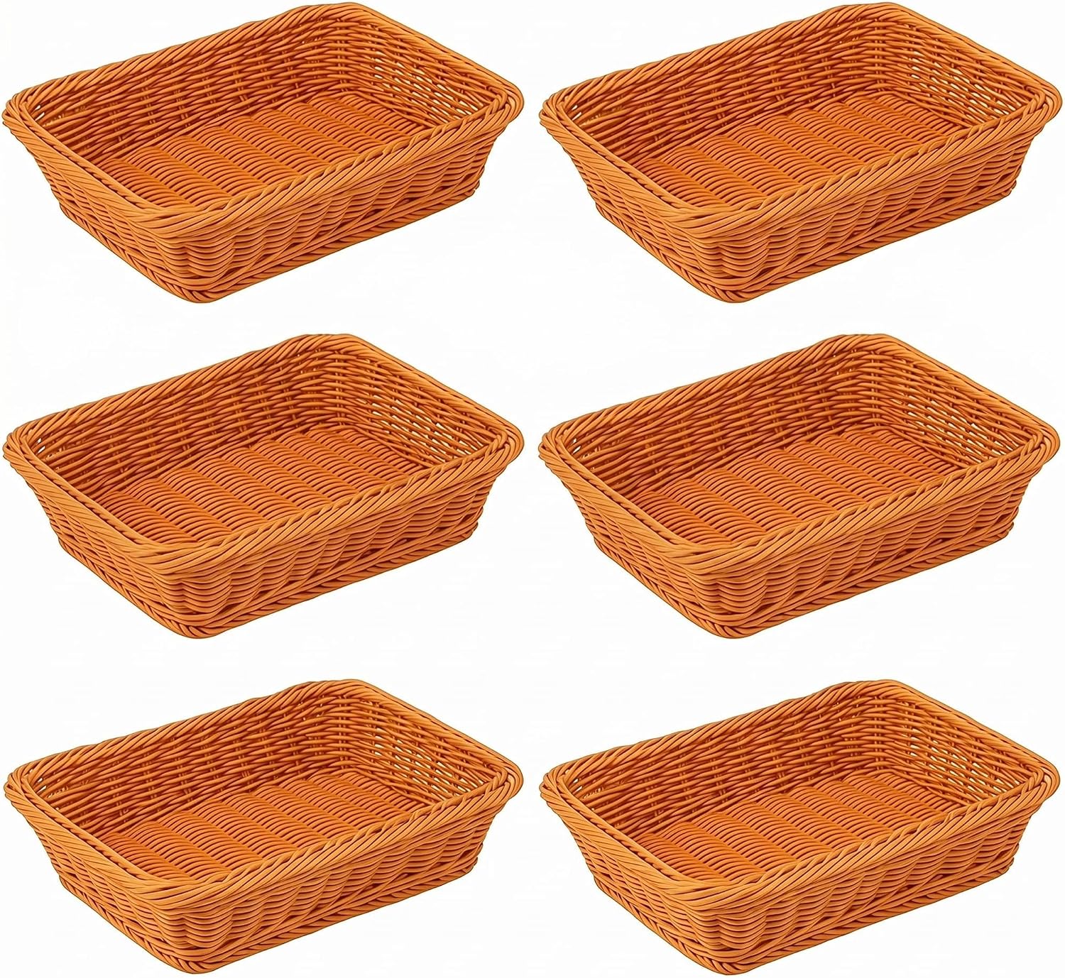 6 Pack 12 Inch Brown Woven Fruit Baskets, Plastic Wicker Bread Baskets | Rectangular Woven Baskets, Wicker Fruit Baskets for Table, Candies, Fruit, Vegetables Display, Bread Serving, Kitchen, Picnic