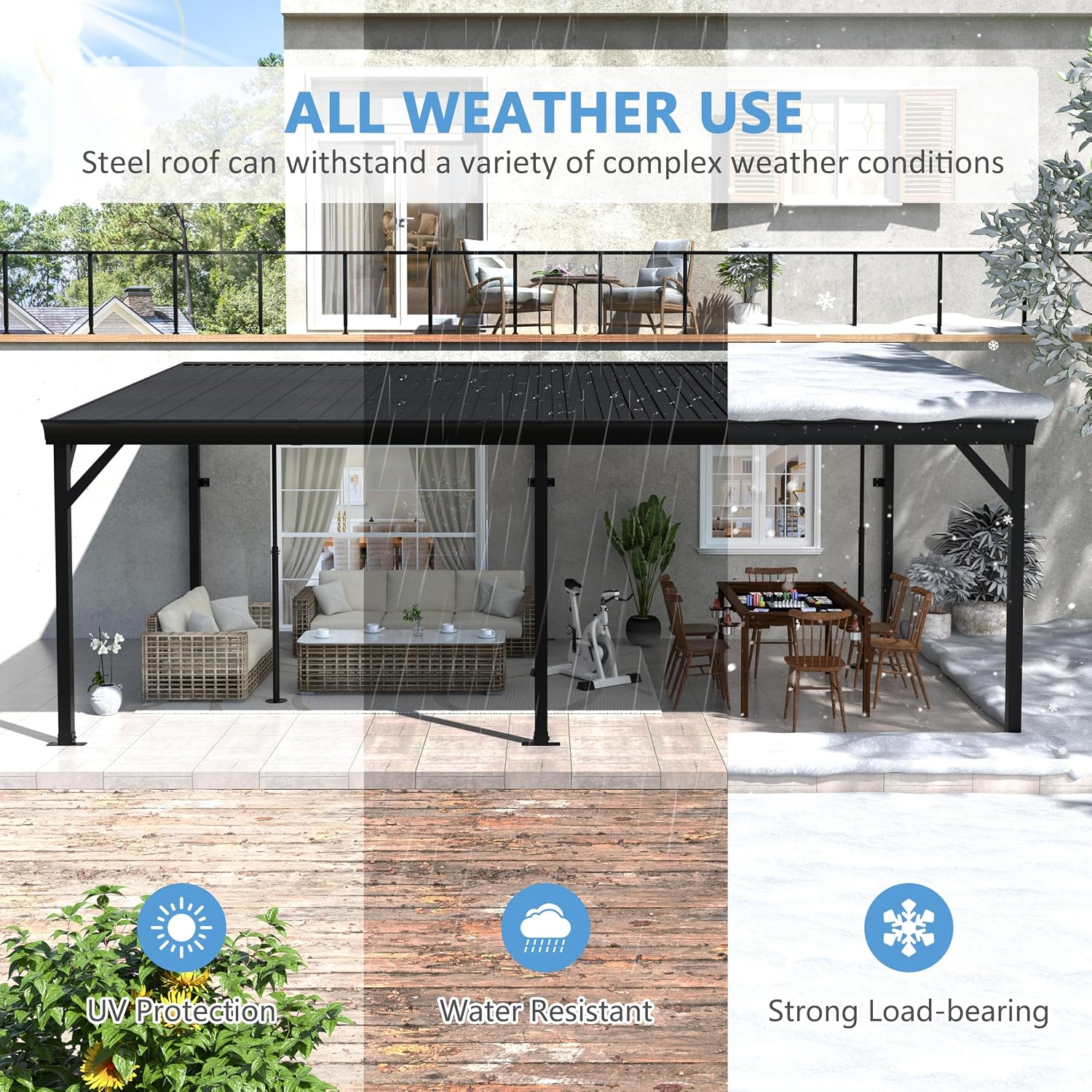 Yardenaler 12x20 FT Wall Mounted Gazebo, Hardtop Lean to Gazebo with Aluminum Slope Roof, 3.15"x3.15" Post Outdoor Pergola with Adjustable Support Posts for Poolside, Patio, Backyard, Deck, Black