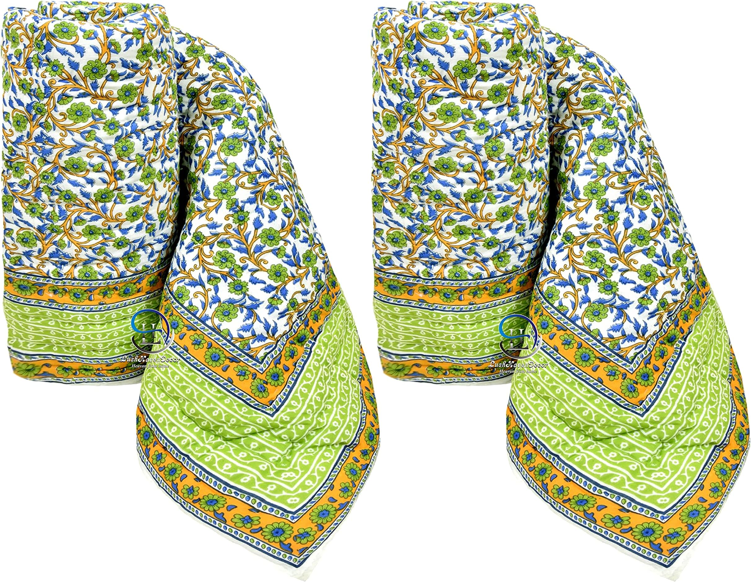 THROWS HOME DECOR 400 TC Single Bed Jaipuri Cotton Razai Blanket Ac Quilt Soft Light Weight Rajasthani Traditional Rajai Comforter 85 x 55 inch Green Pack of 2