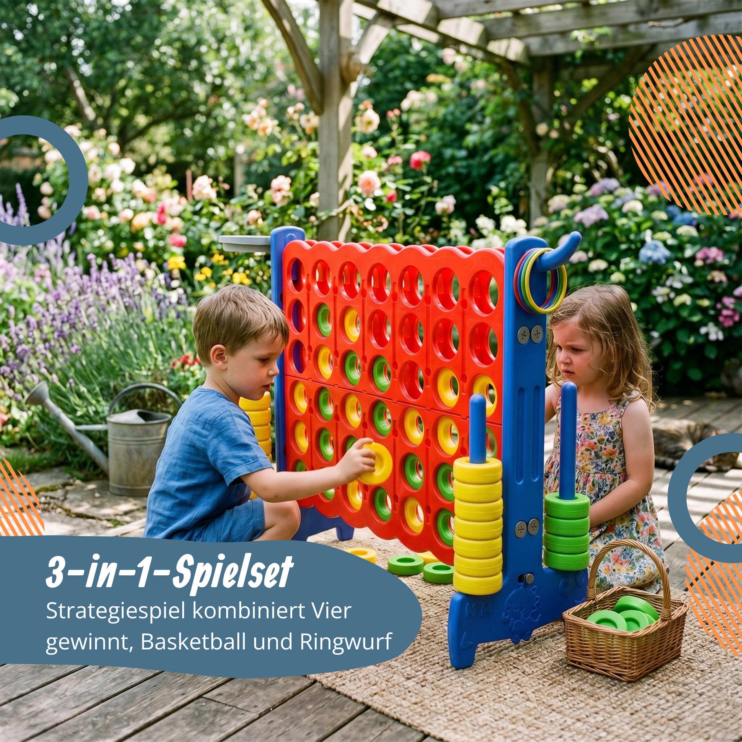 Relaxdays Vier Gewinnt XXL, Outdoor, 3 in 1, Kinder & Erwachsene, HBT 88x121x44 cm, Wurfspiel Basketball & Ringe, Farbe