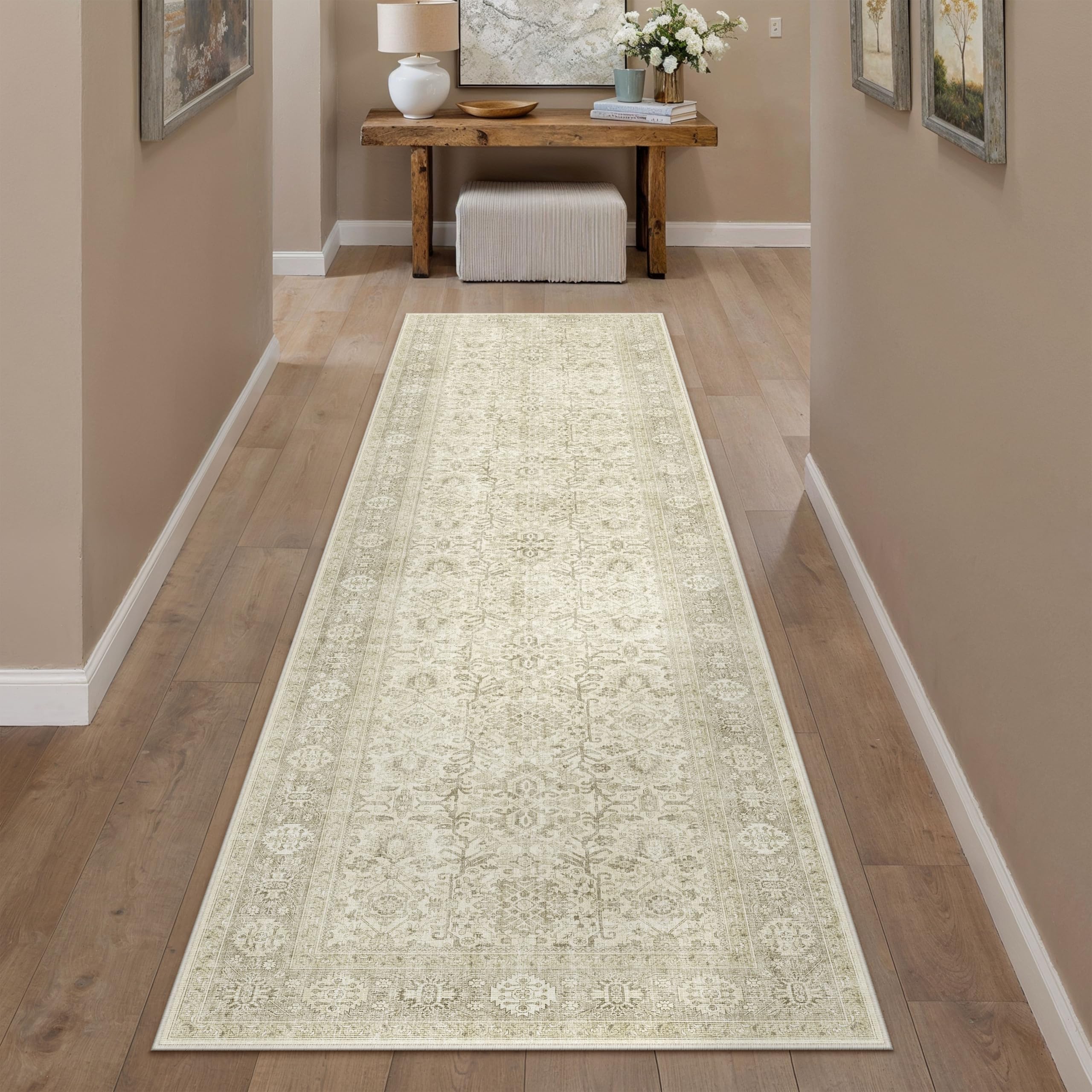 PureCozy Beige Runner Rug 2x8 Vintage Area Carpet Hallway Long Indoor Kitchen Washable Living Room Low Pile Traditional Distressed Retro Accent Throw Rug Non Slip Laundry Bathroom Office โ image 1