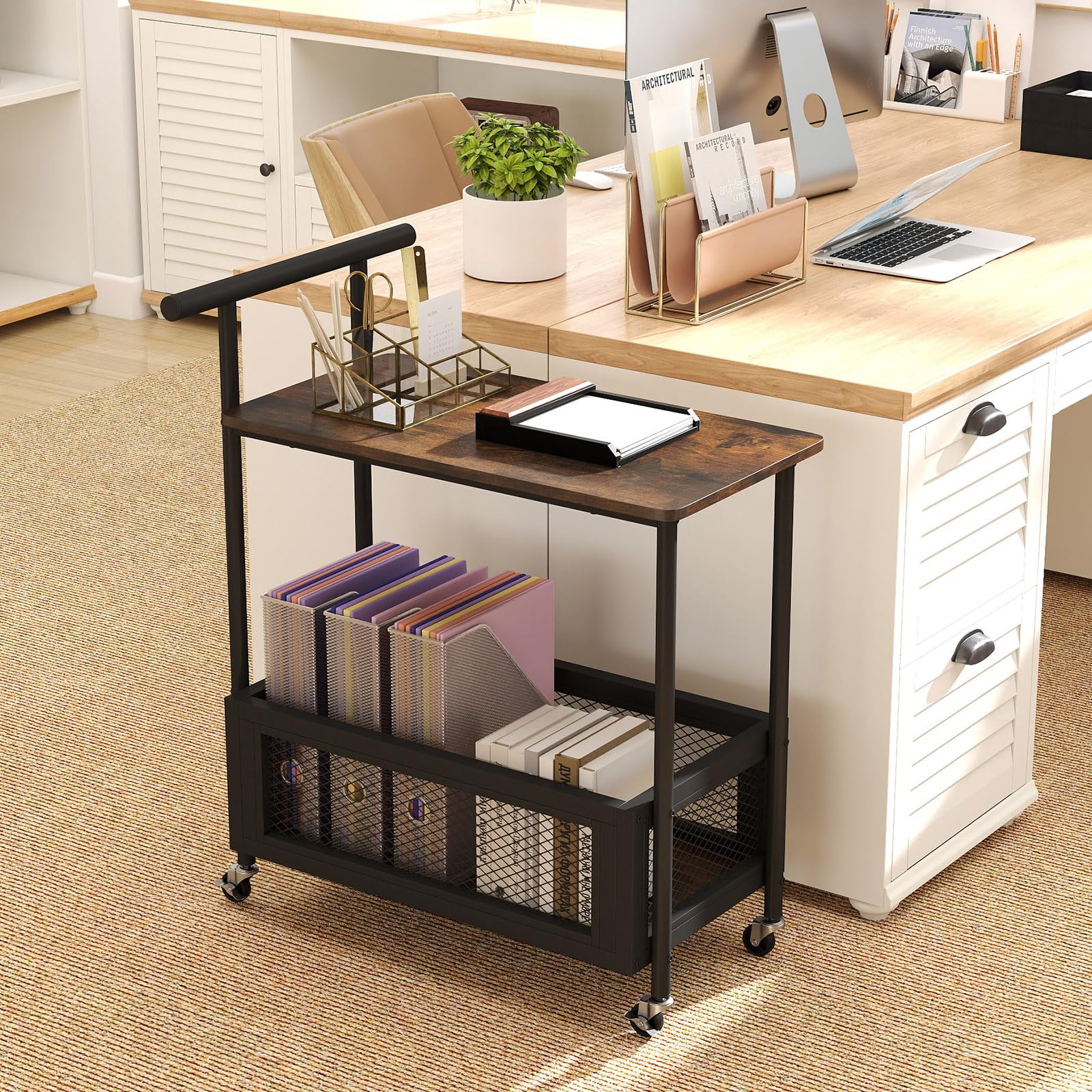 COSTWAY Chariot de Service en Métal avec Plateau en Bois, Desserte de Cuisine sur roulettes avec Rangement, Panier en Maille, Style Industriel pour Cuisine, Salon