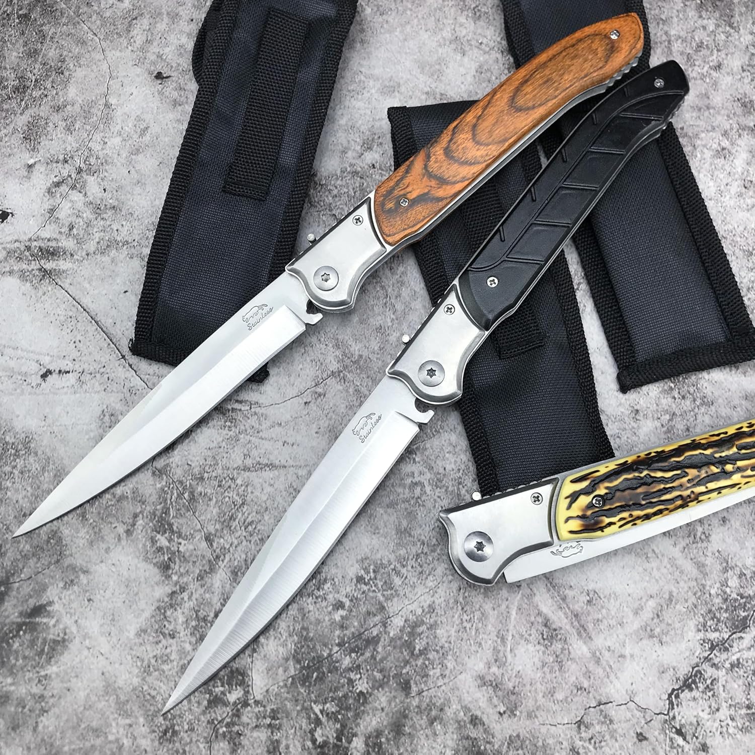Premium Folding Hunting Knife, 12.2 Inch Full Length, 440C Steel Blade, 3 Handle Options - Black G10, Wood, Yellow Resin (Black G10 handle)
