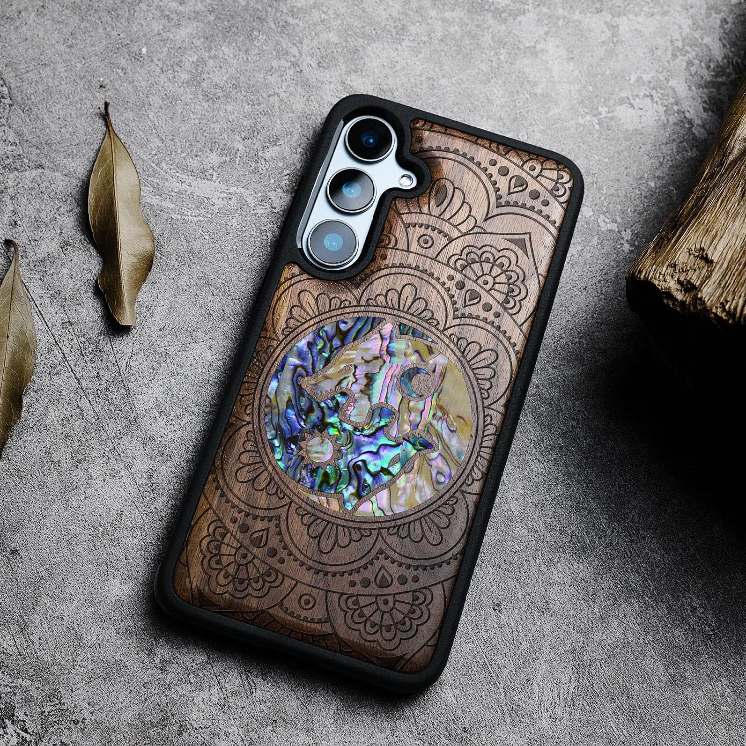 Carveit Designer Wooden Case for Samsung Galaxy S24 FE Case [Wood Engraving & Shell Inlay] Compatible with Wireless Chargers S24 FE Cover (Shell Yin Yang Wolf-Walnut)