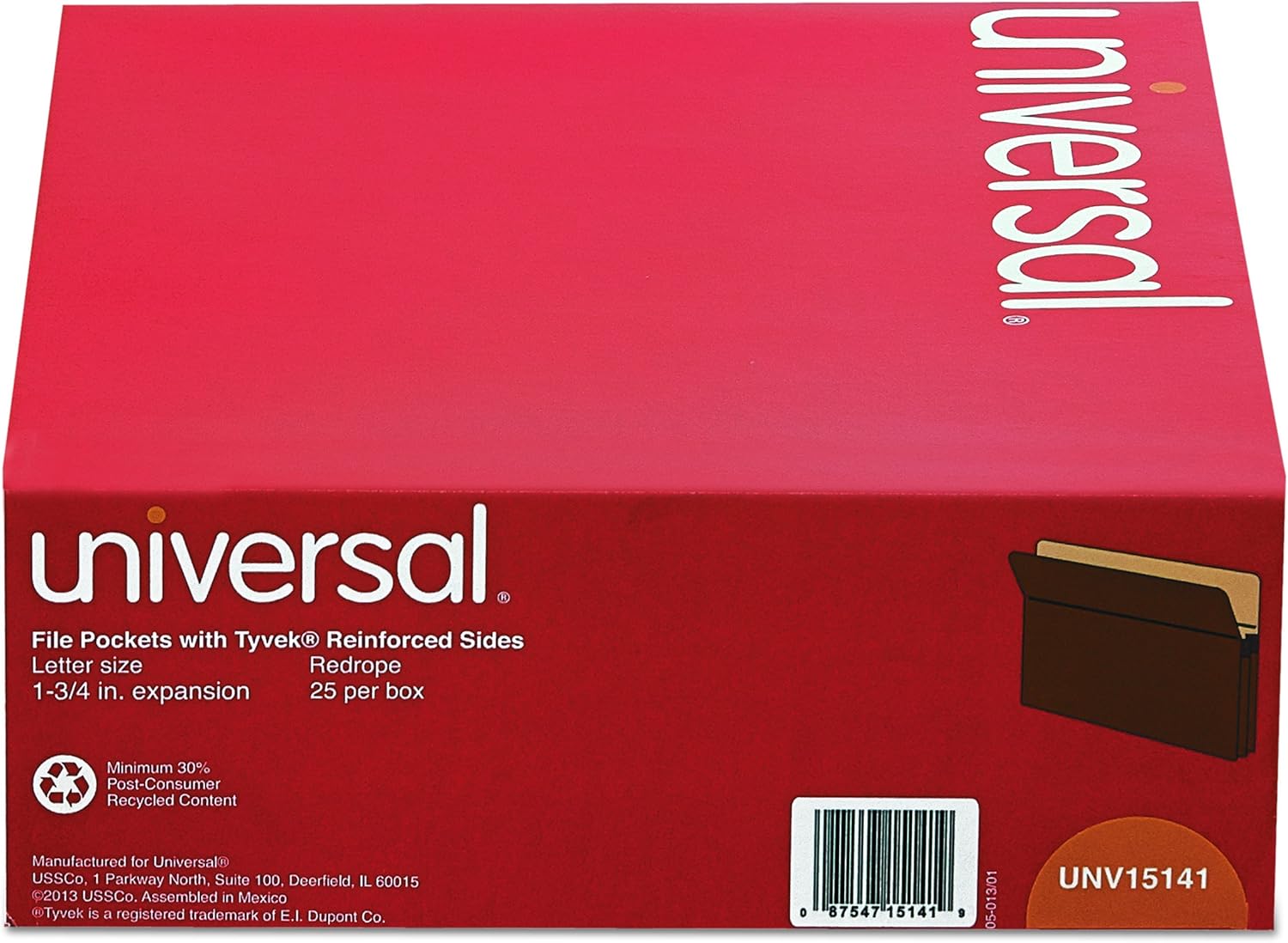 Universal 1 3/4 Expanding File Pockets, Straight Tab, Letter, Redrope/Manila, 25/Box (15141)