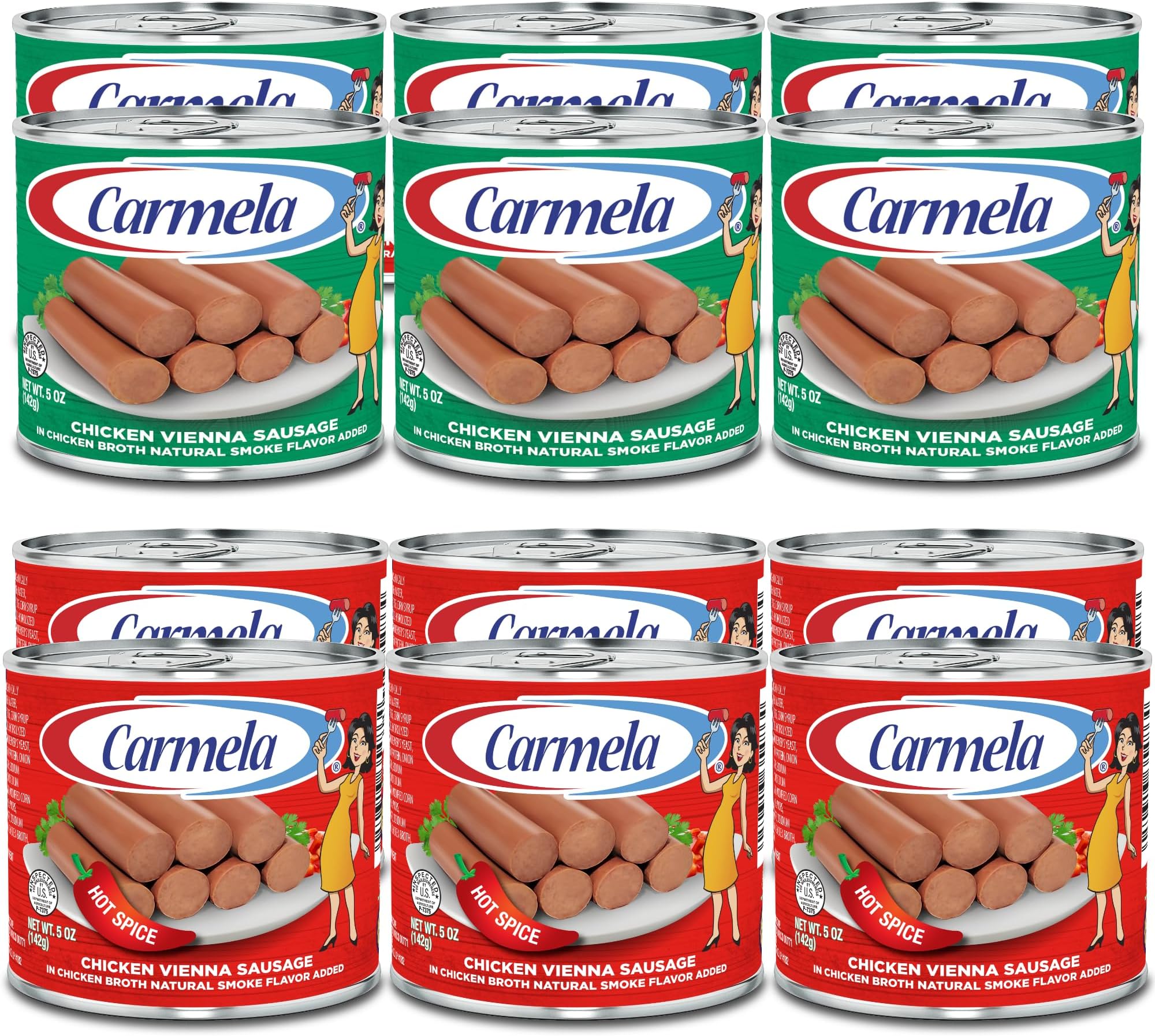 Carmela Chicken Vienna Sausage Variety Pack – 12 Cans (Six Original + Six Hot Spice) – Ready-to-Eat Canned Sausage in Chicken Broth, Shelf-Stable Protein