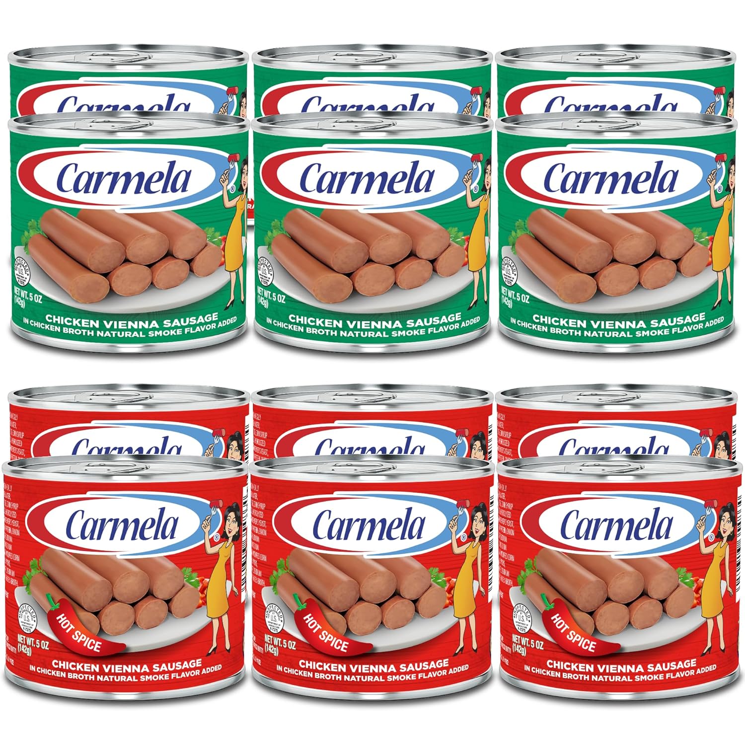 Carmela Chicken Vienna Sausage Variety Pack – 12 Cans (Six Original + Six Hot Spice) – Ready-to-Eat Canned Sausage in Chicken Broth, Shelf-Stable Protein