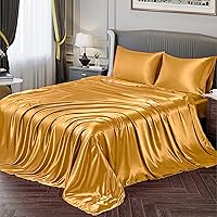Vista 1 de Vonty Satin Sheets Queen Silky Soft Satin Bed Sheets Yellow Gold Sheet Set, 1 Deep Pocket Fitted Sheet + 1 Flat Sheet + 2 Pillowcases Ámbar Beige
