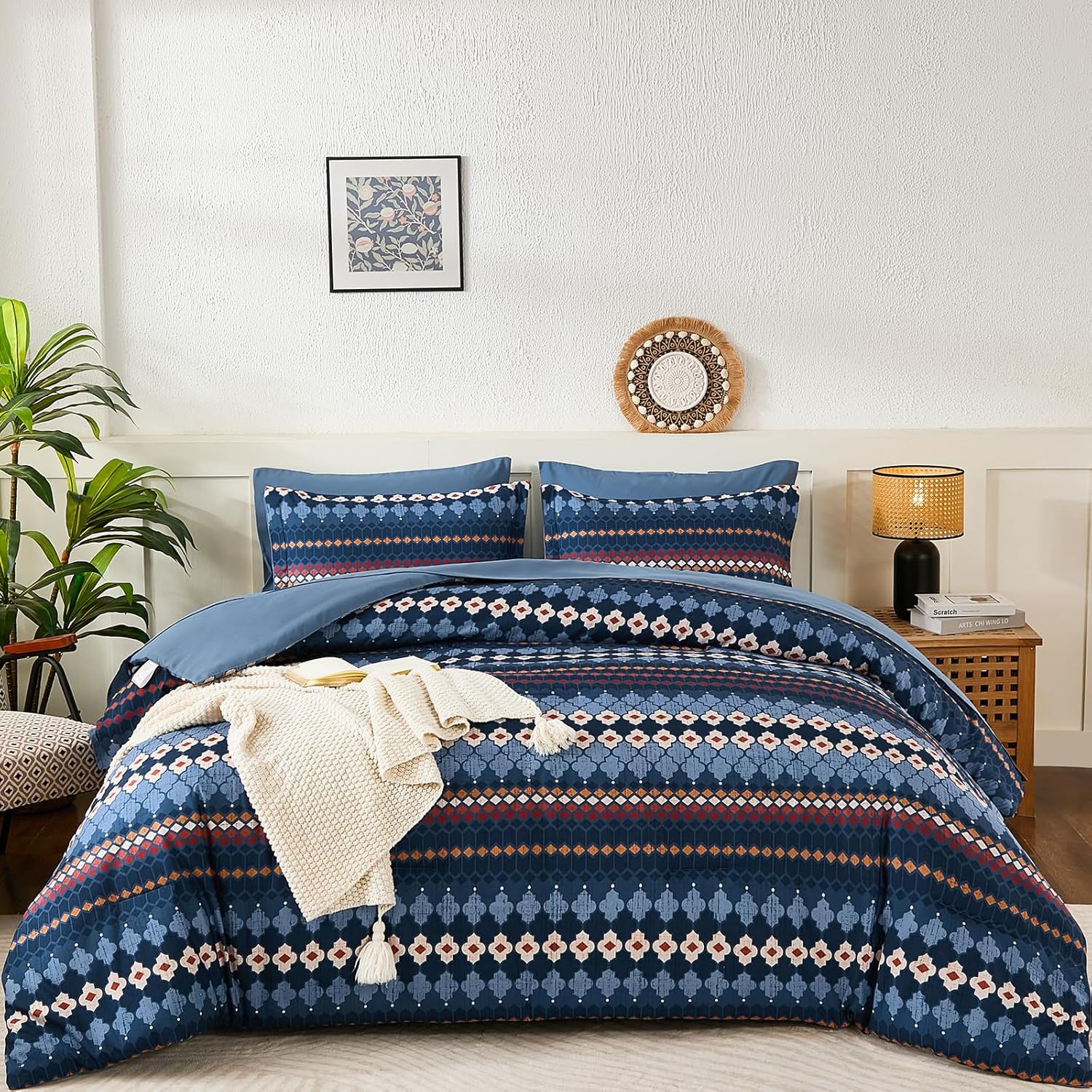 Amazon.com: Dobuyly Blue Comforter Set Queen Size 7 Piece, Boho Stripe ...