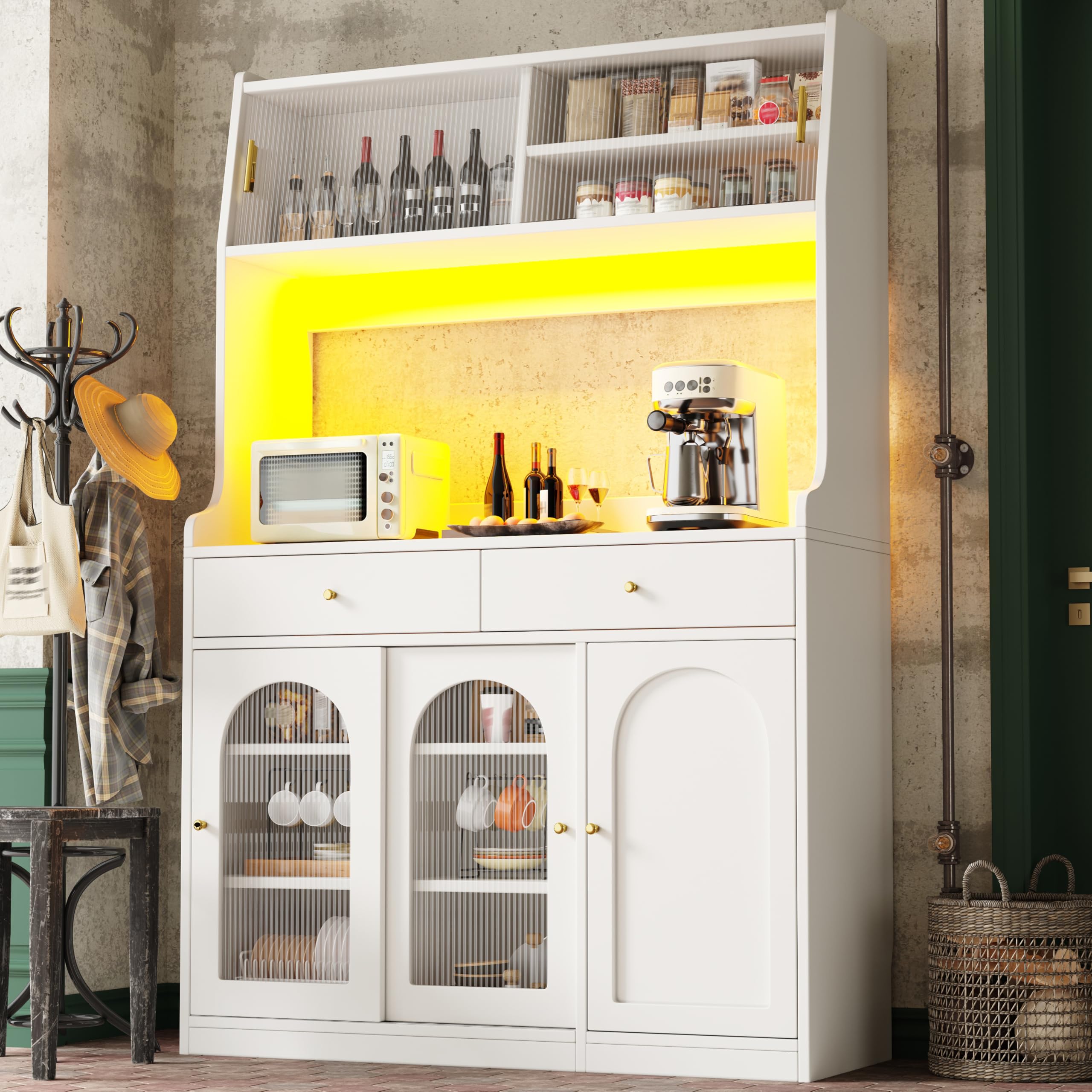 Küchenschrank mit LED-Beleuchtung und Multifunktionaler Stauraum, Buffetschrank mit Verstellbare Einlegeböden und Schiebetür, Hochschrank mit Schublade, Weiß-B, 120x40x180 cm