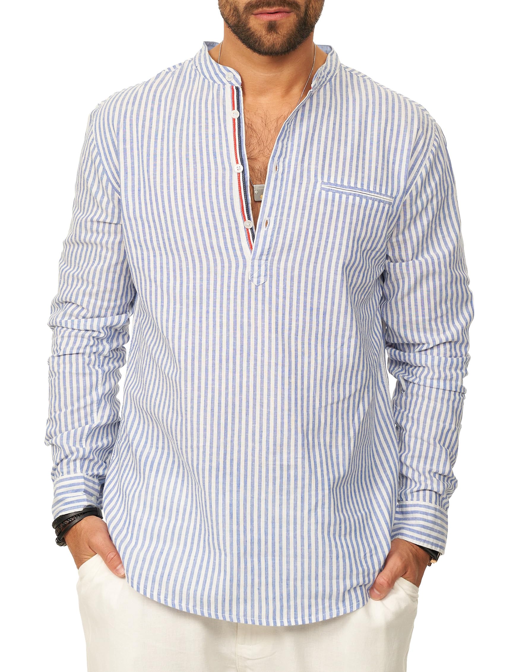 behype. Herren Leinenhemd als Langarmhemd Gestreift - Freizeithemd im Regular-Fit mit Henley Stehkragen Sommerhemd - Strandhemd im Sommer-Look für Männer