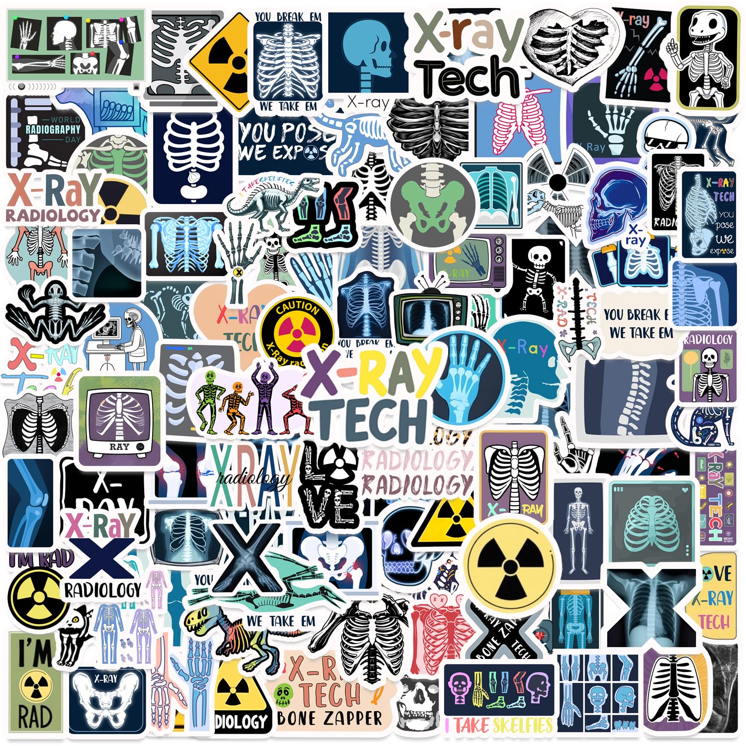 120PCS Rad Tech Stickers, Radiology X Ray Party Favors Birthday Party Decorations Vinyl Waterproof Stickers for Water Bottle Laptop Luggage Xray Tech Gifts