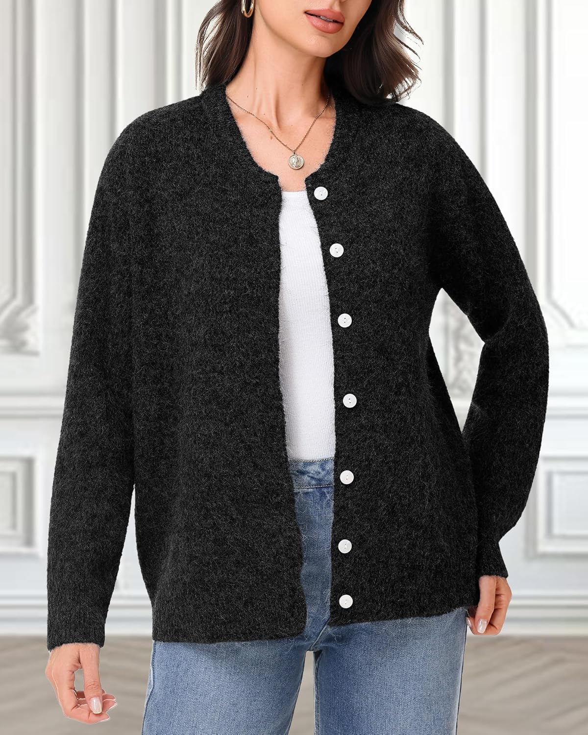 Women's Long Sleeve Sweater Cardigan Button Down Crew Neck Lightweight Cardigan Fall Open Front Loose Knit Sweater - Image 4