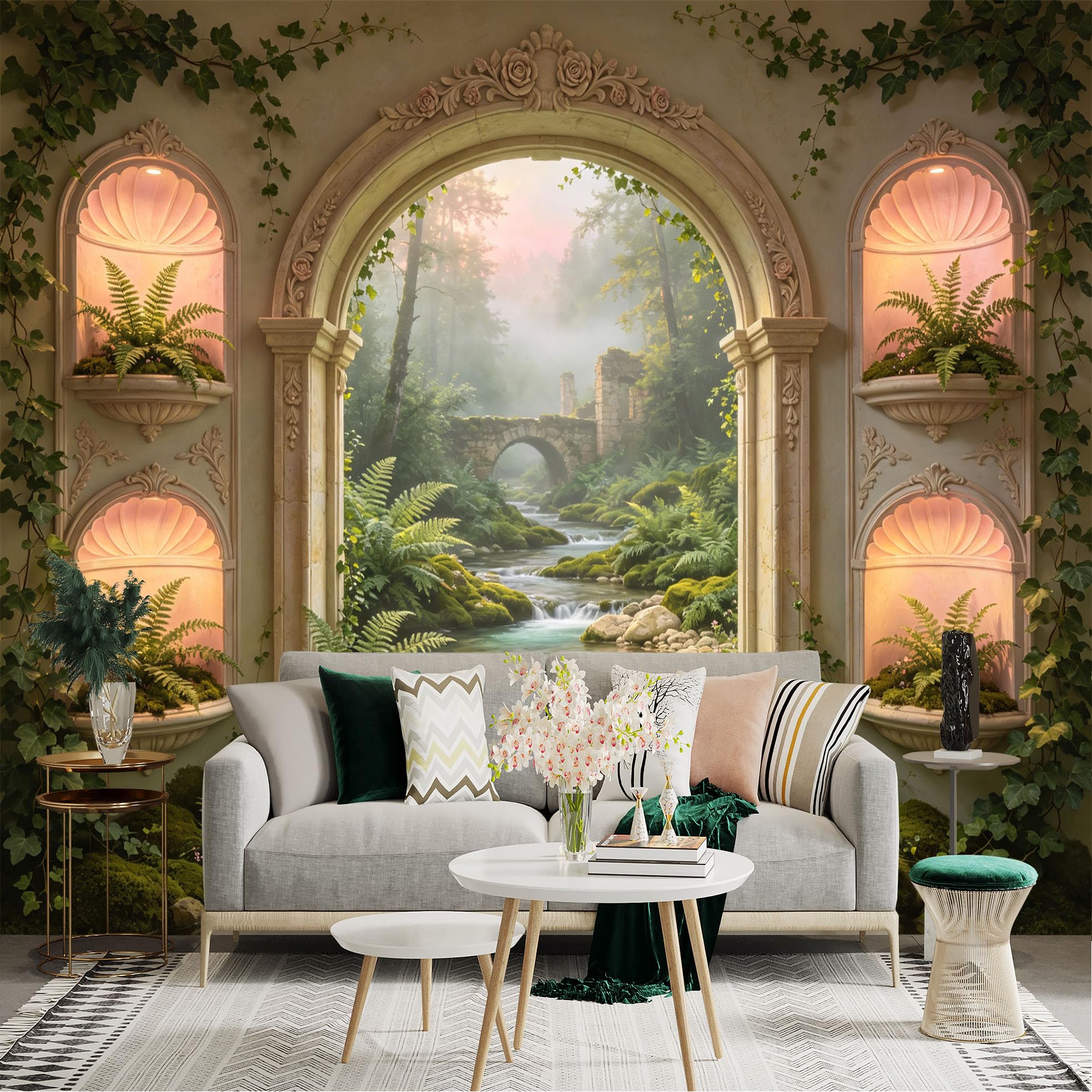 Lnzczhyre Dbh260521099 Custom Size Wall Sticker Mural， Enchanted Stone Archway， Mossy Forest Creek， Lush Fern Gardens， Ancient Ruin Bridge， For Wall Decoration， Peelandstick Wall Decals.