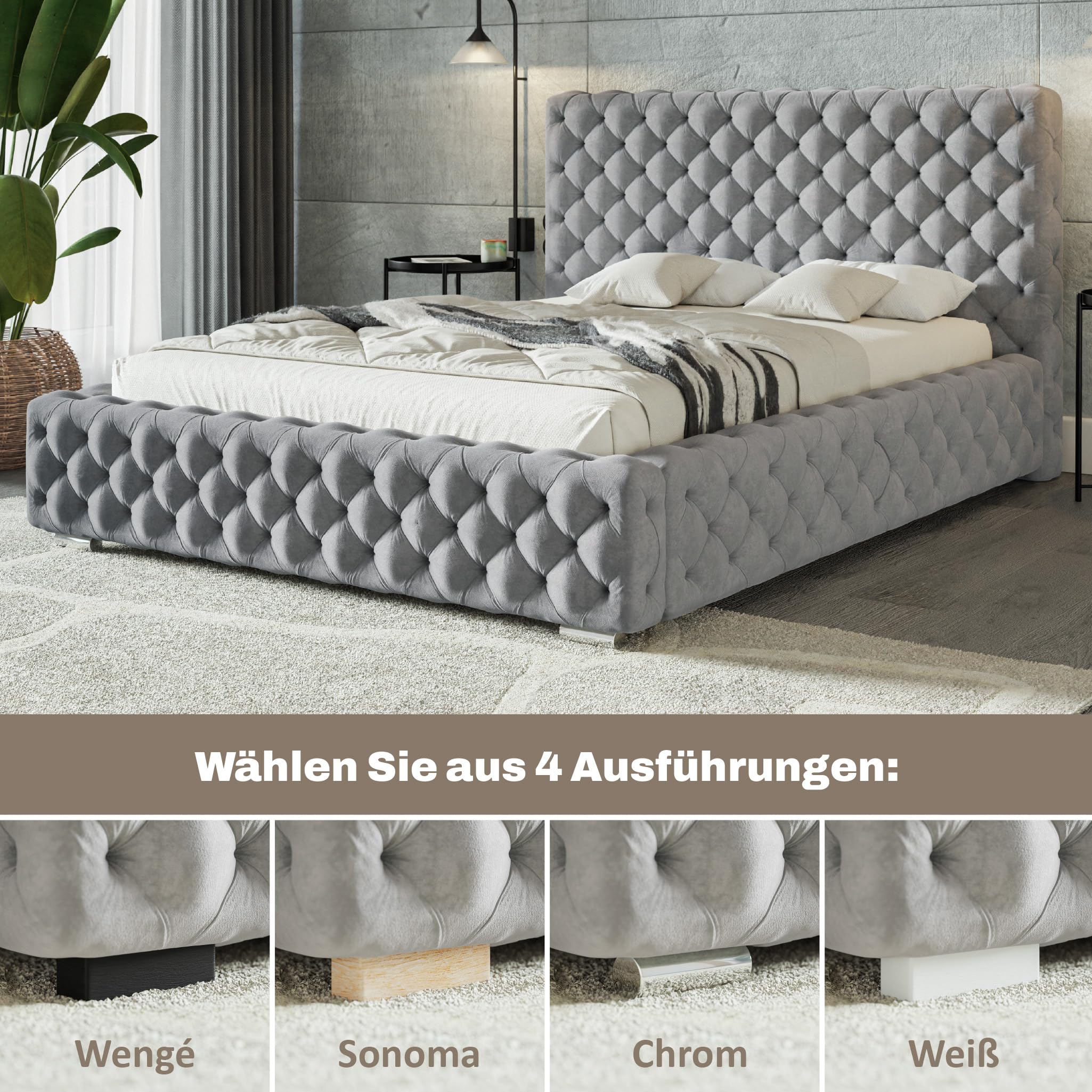 MOTIVENA Dianna Chesterfield Bett 180x200 Schwarz Samt, mit Stauraum, mit Kopfteil, mit Lattenrost, mit Füßen, ohne Matratze, Chesterfield Polsterbett 180x200 mit Bettkasten Schwarz