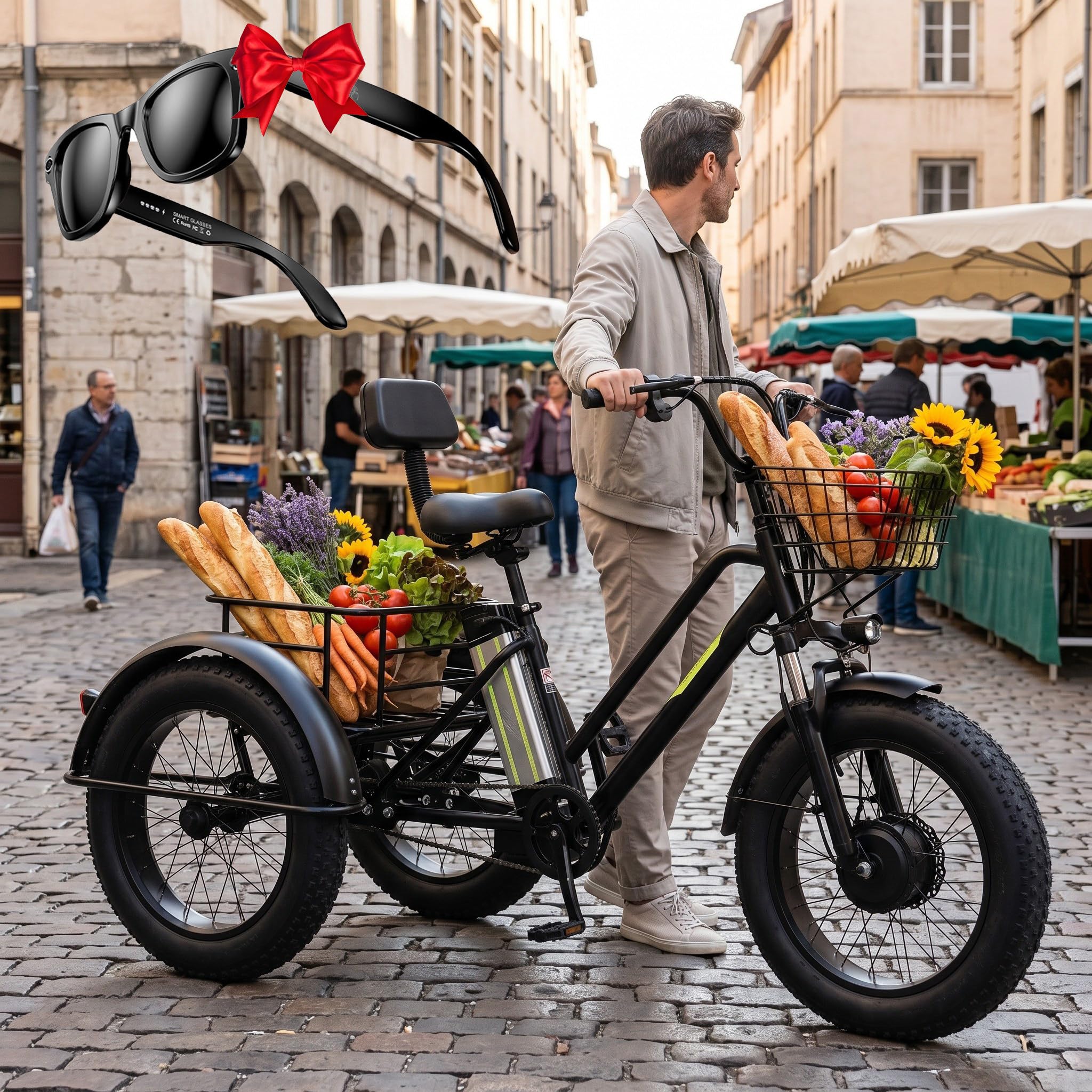 Vélo Cargo Électrique Adulte, Pneus Larges 20'', Batterie Amovible 48V/12Ah (35Km Autonomie), Panier Shopping 20''x9''x12'', Charge Max 200Kg