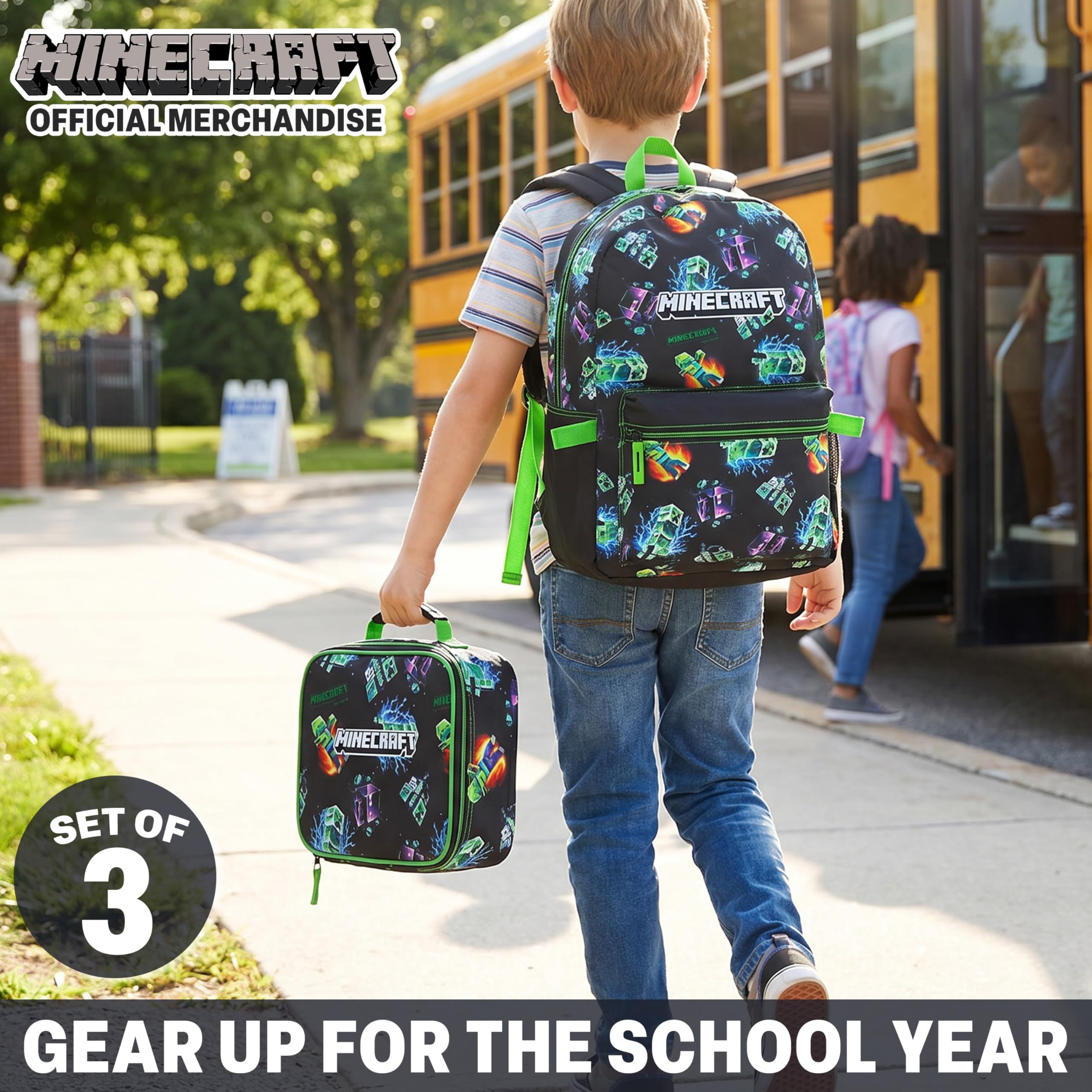 Minecraft Mochila Niños Set 3 Piezas Estuche Escolar Bolsa Almuerzo Mochila Completa Colegio Ocio Regalo Niños Multi Creeper